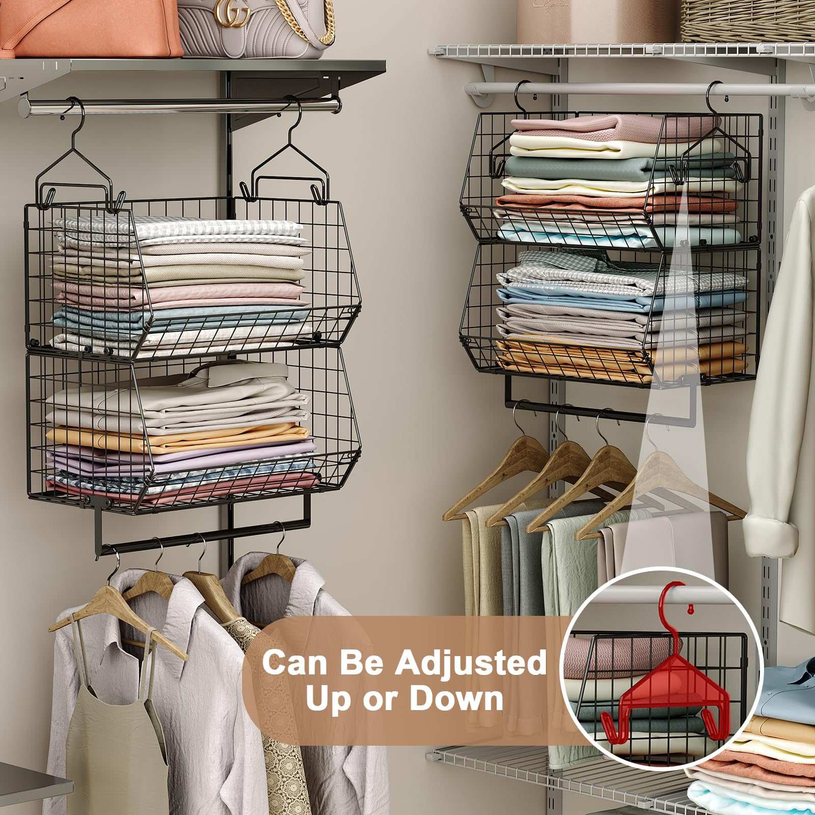 Yociyoga 2 Tier Closet Hanging Organizer With Rod, Foldable Hanging Closet Organizer, Hanging Closet Shelves With 4 Hooks,Wire H