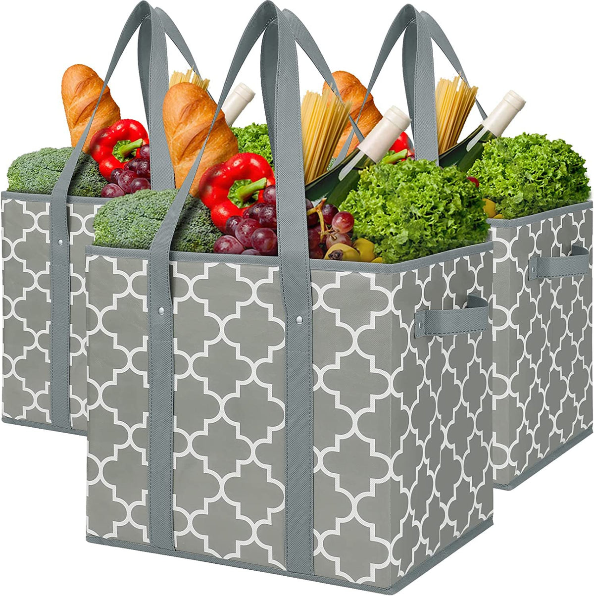Wiselife 3-Pack Reusable Grocery Bags Foldable Washable Storage Bins Basket Water Resistant Shopping Utility Tote Bag Grey