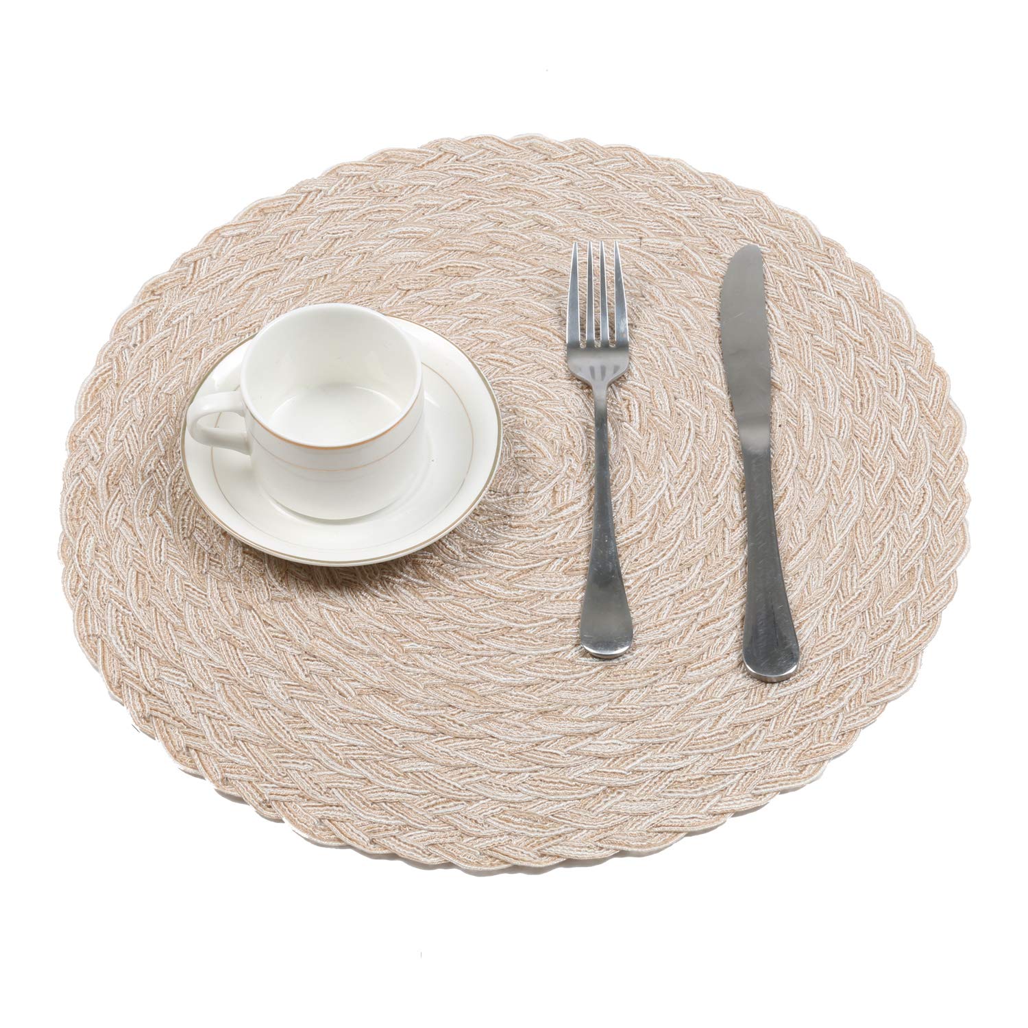 Shacos Round Braided Placemats 15 Inch Set Of 4 Thick Washable Kitchen Table Placemats For Home Wedding Party (T-Beige, 4)