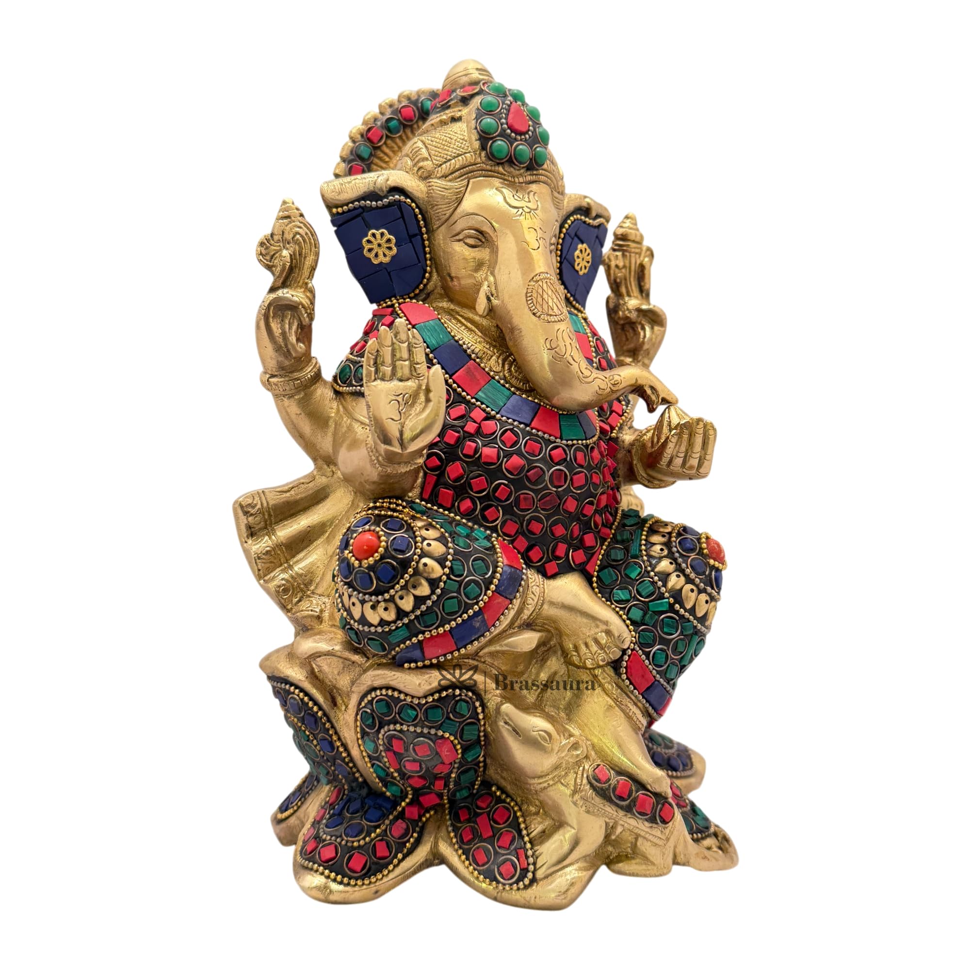 Brassaura Brass Ganesha Gem Stone Work Statue For Home And Decor Brass Ganesh Murti For Pooja Room Ganpati Idol For Home Entrace
