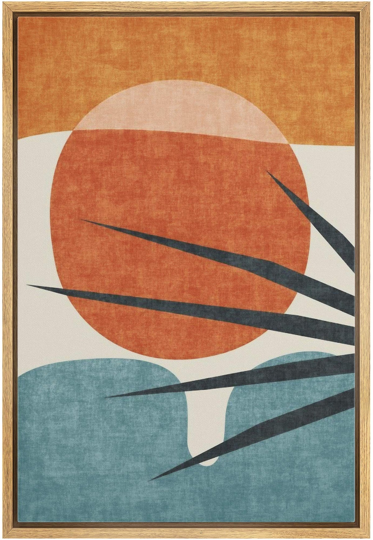 Idea4Wall Framed Canvas Print Wall Art Abstract Blue Palm Tree & Red Sun Geometric Shapes Illustrations Modern Art Mid-Century M