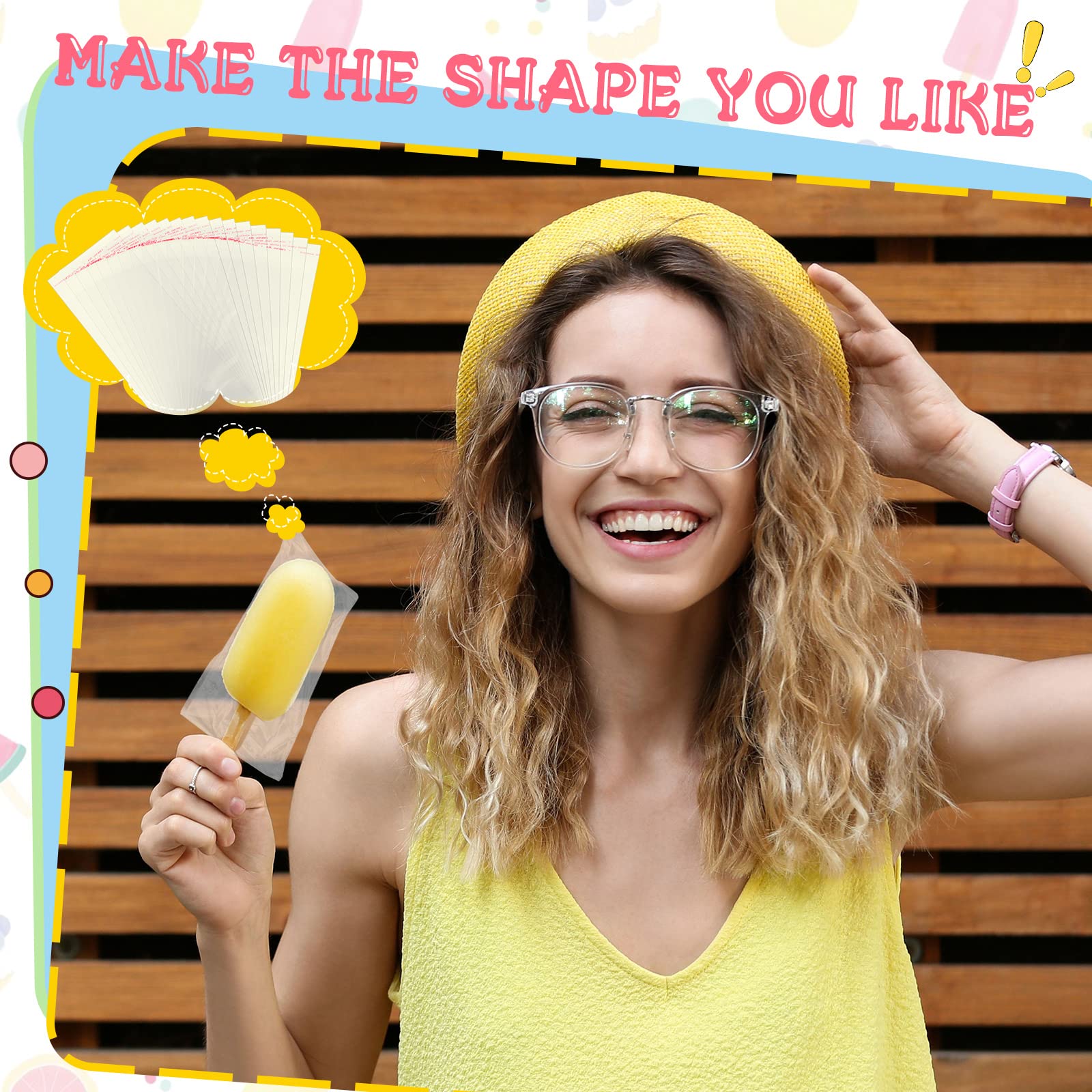 Yexiya 400 Pcs Ice Lolly Ticks And Bags Set, 300 Pcs Self Adhesive Clear Plastic Bags And 100 Pcs Disposable Wooden Sticks For S