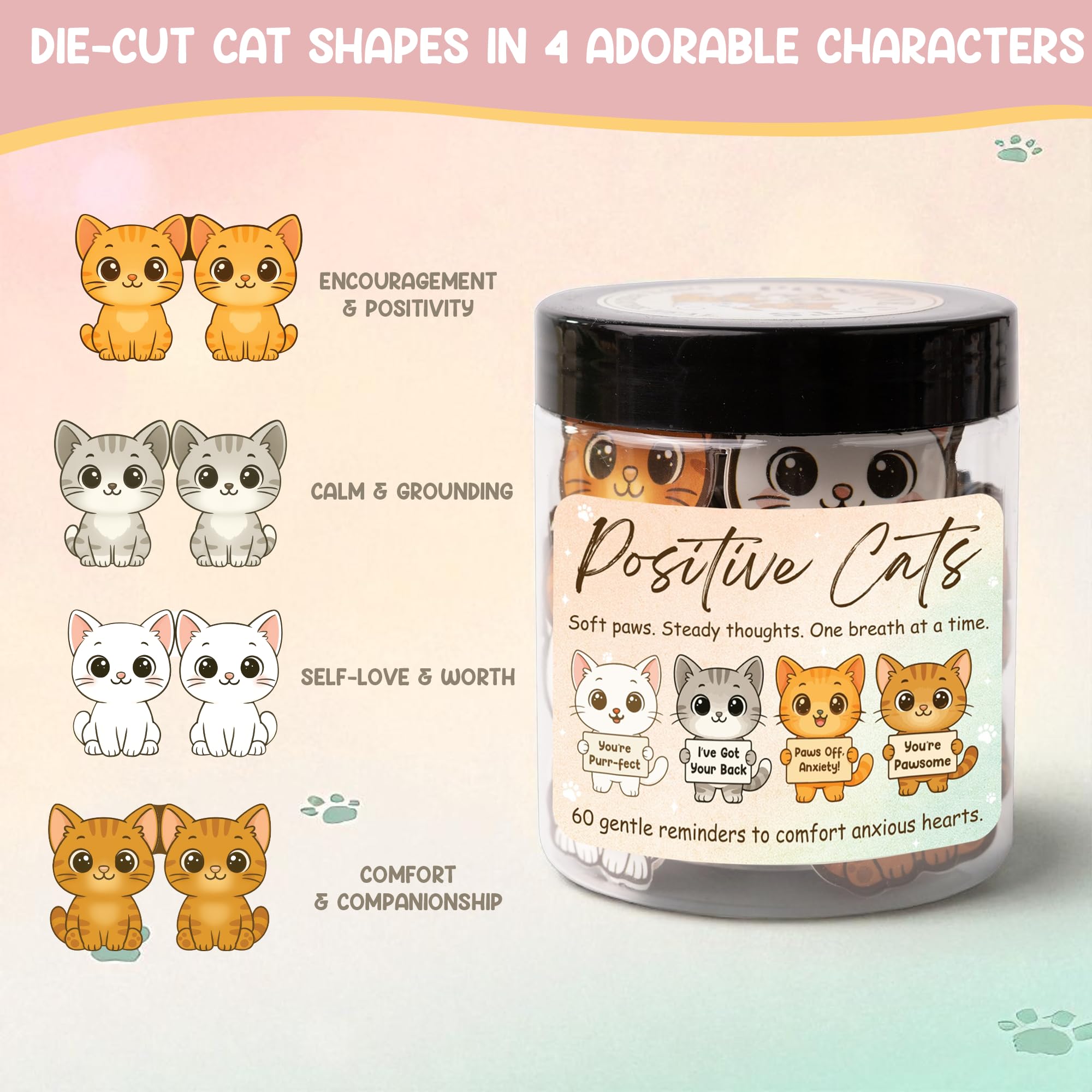 Miarita Positive Cats Jar - 60 Affirmation Cards for Anxiety & Self Care, Gifts For People With Anxiety, Cat Gifts for Women, Te