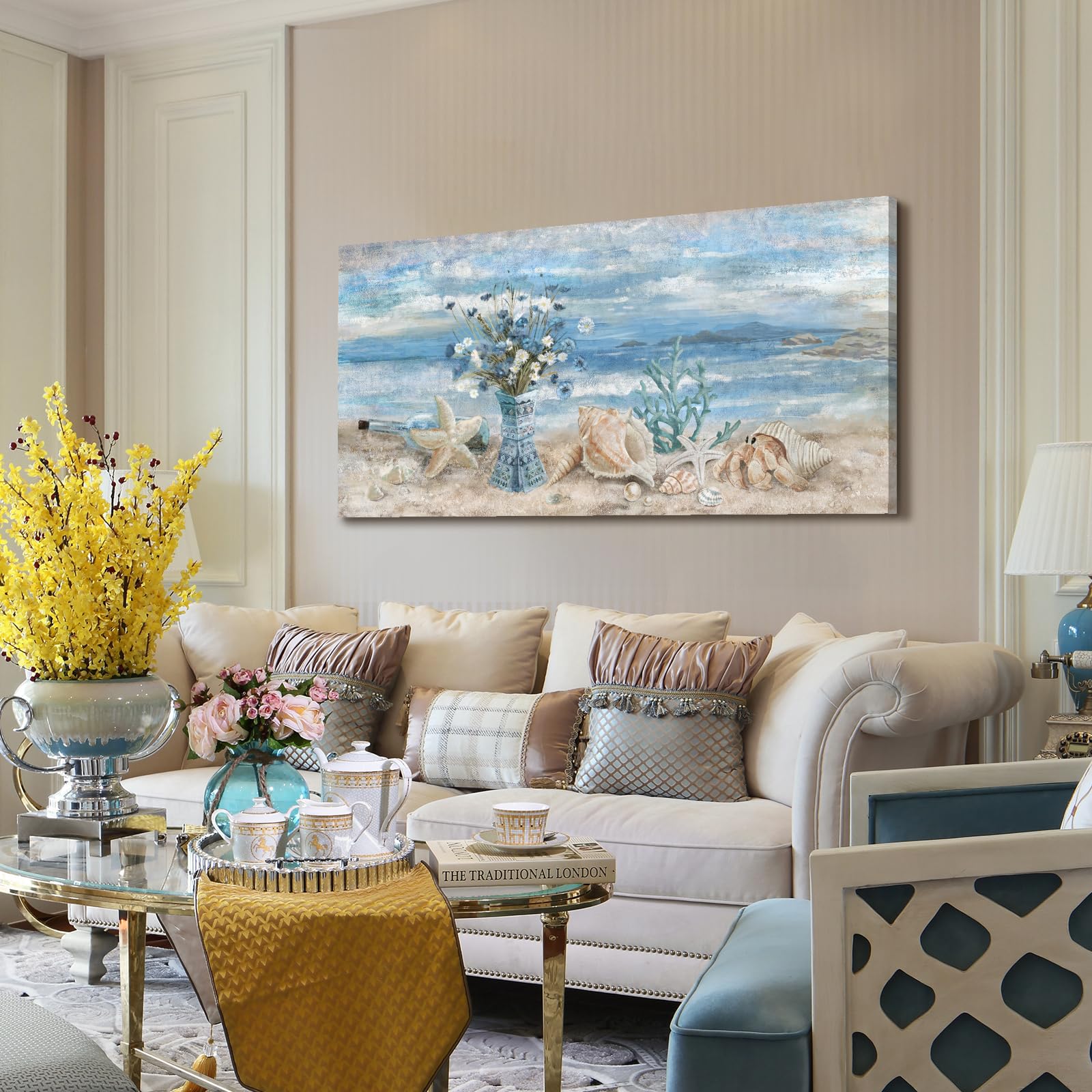 Beach Canvas Wall Art For Living Room Ocean Theme Seaside Print Blue Coastal Picture Abstract Seascape Landscape Pink Teal Paint