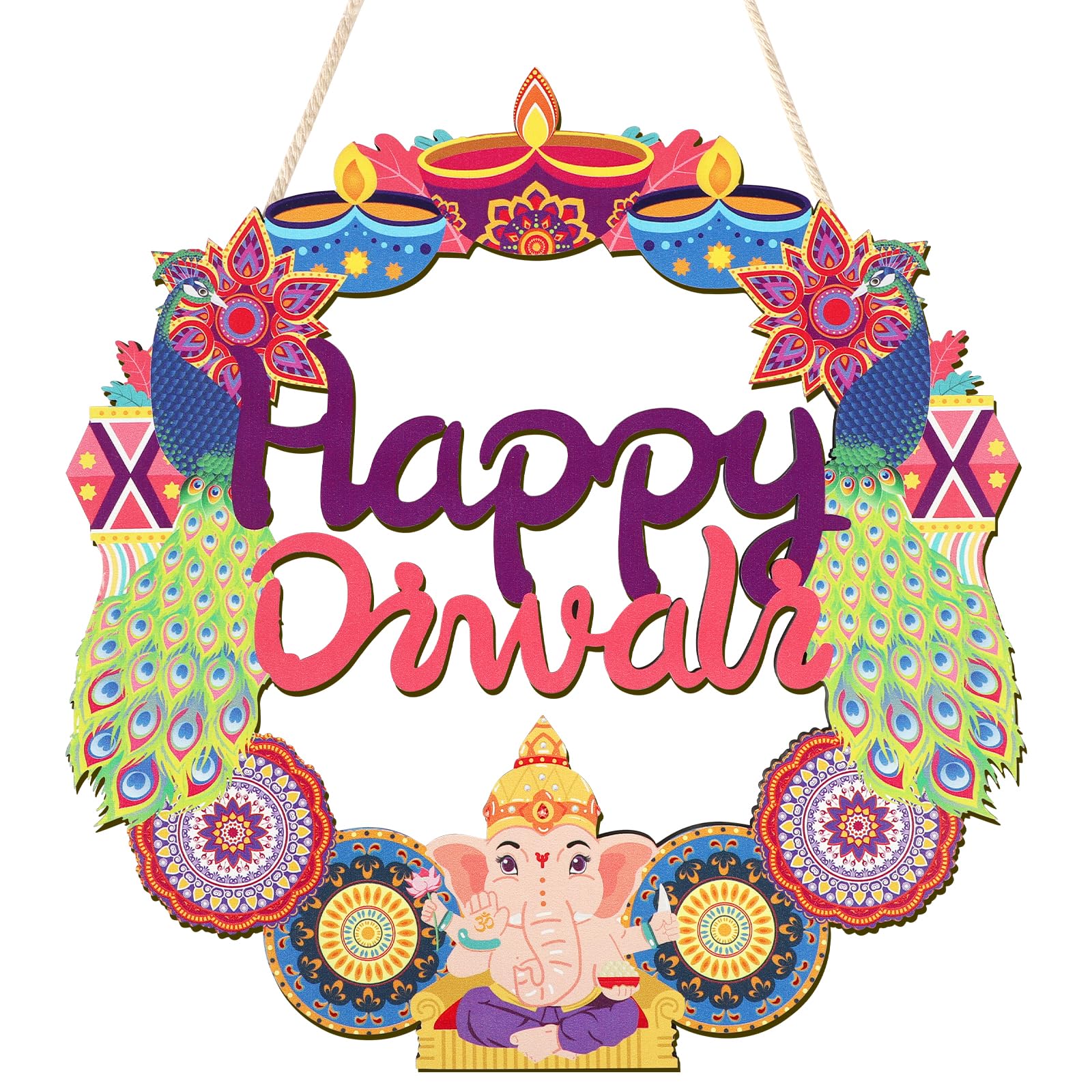 COCHIE Happy Diwali Sign Door Decorations, Indian Festival of Light Wood Wreath for Front Door Porch Window Wall Hanging Decor, 