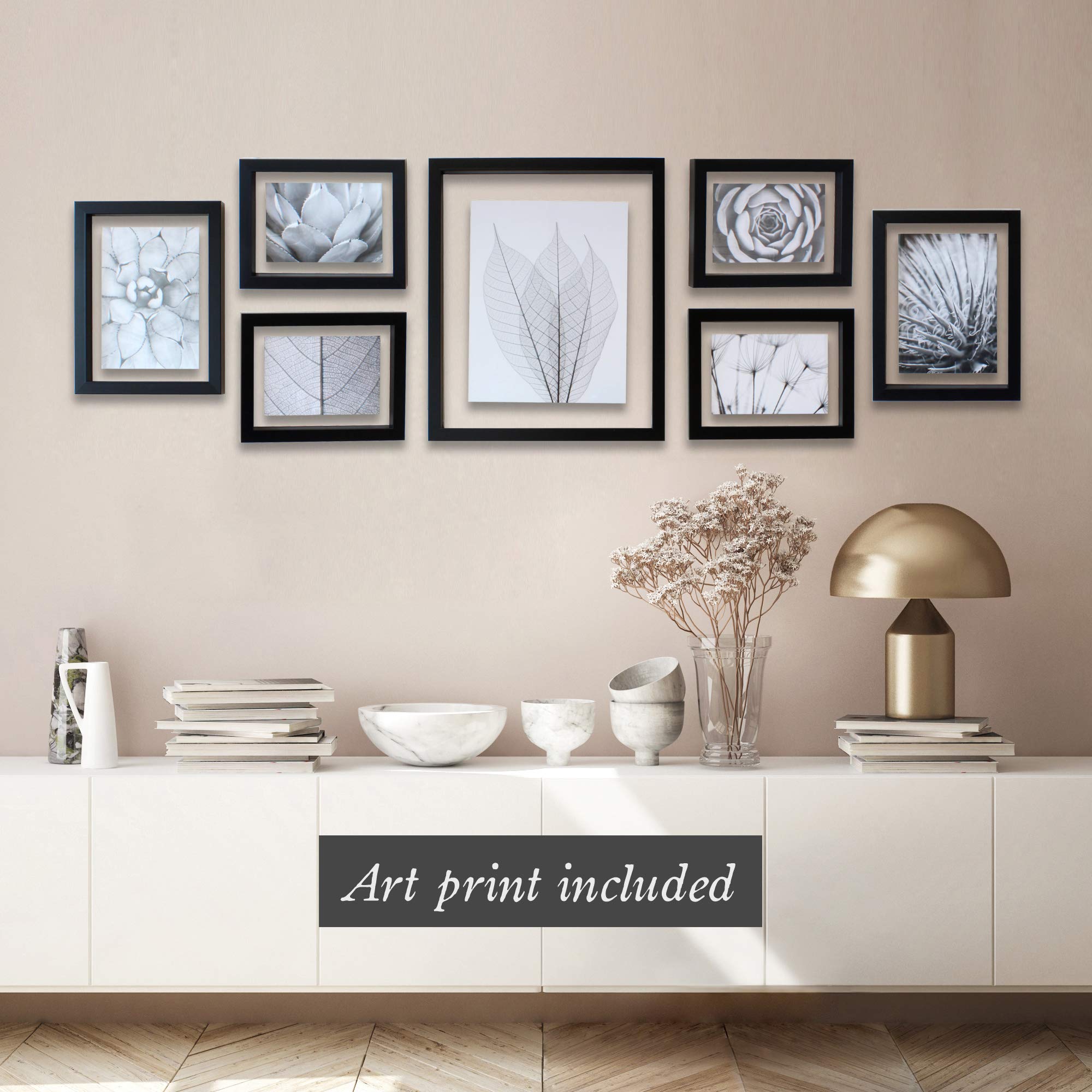 Mimosa Moments Gallery Wall Frame Set For Floating Pictures, Good For One 8X10, Two 5X7 And Four 4X6 Photos (Black, Set Of 7)