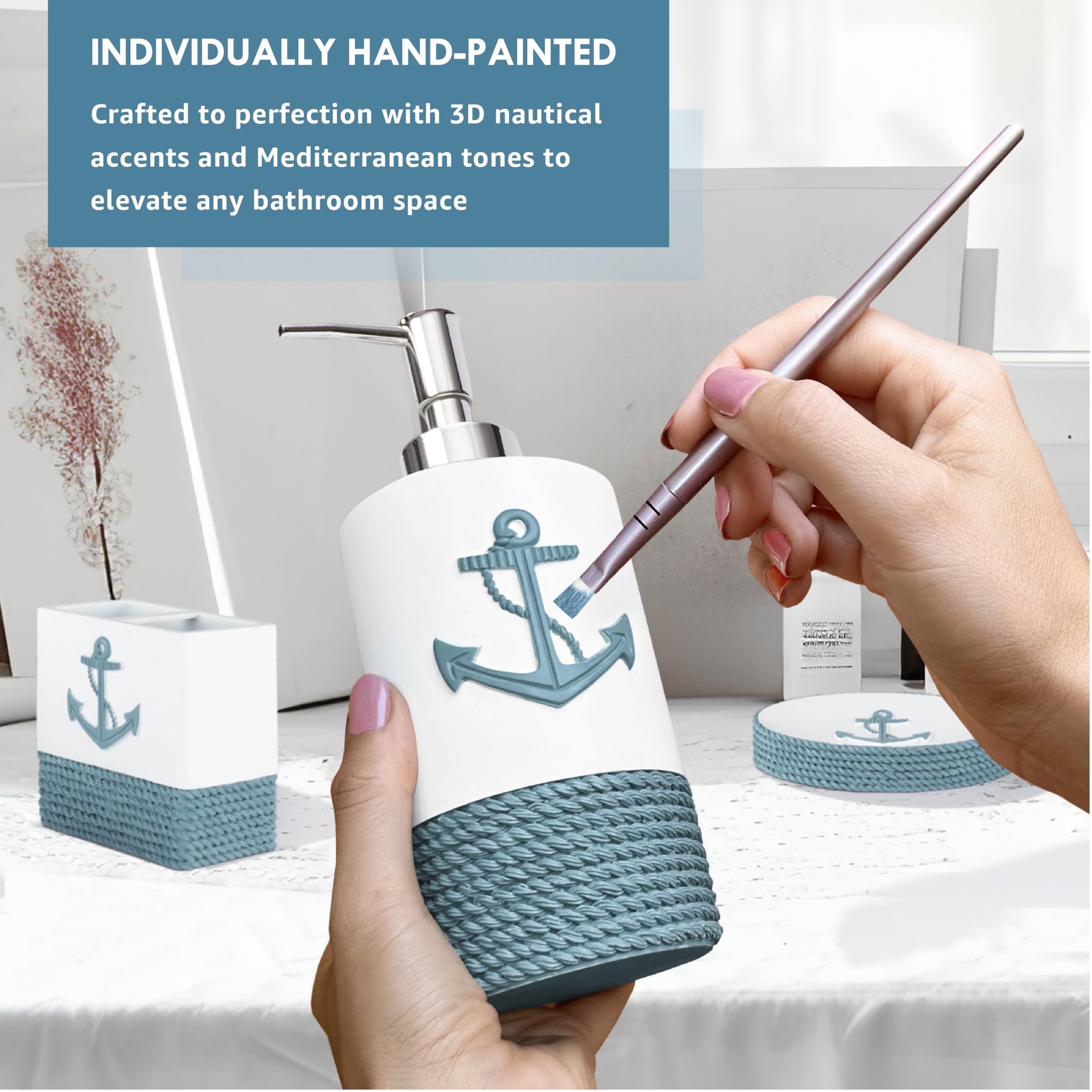 Tide and Tales Nautical Bathroom Accessories Set - 4 PC Coastal Decor, White/Teal Resin Soap Dispenser, Rope & Anchor Design