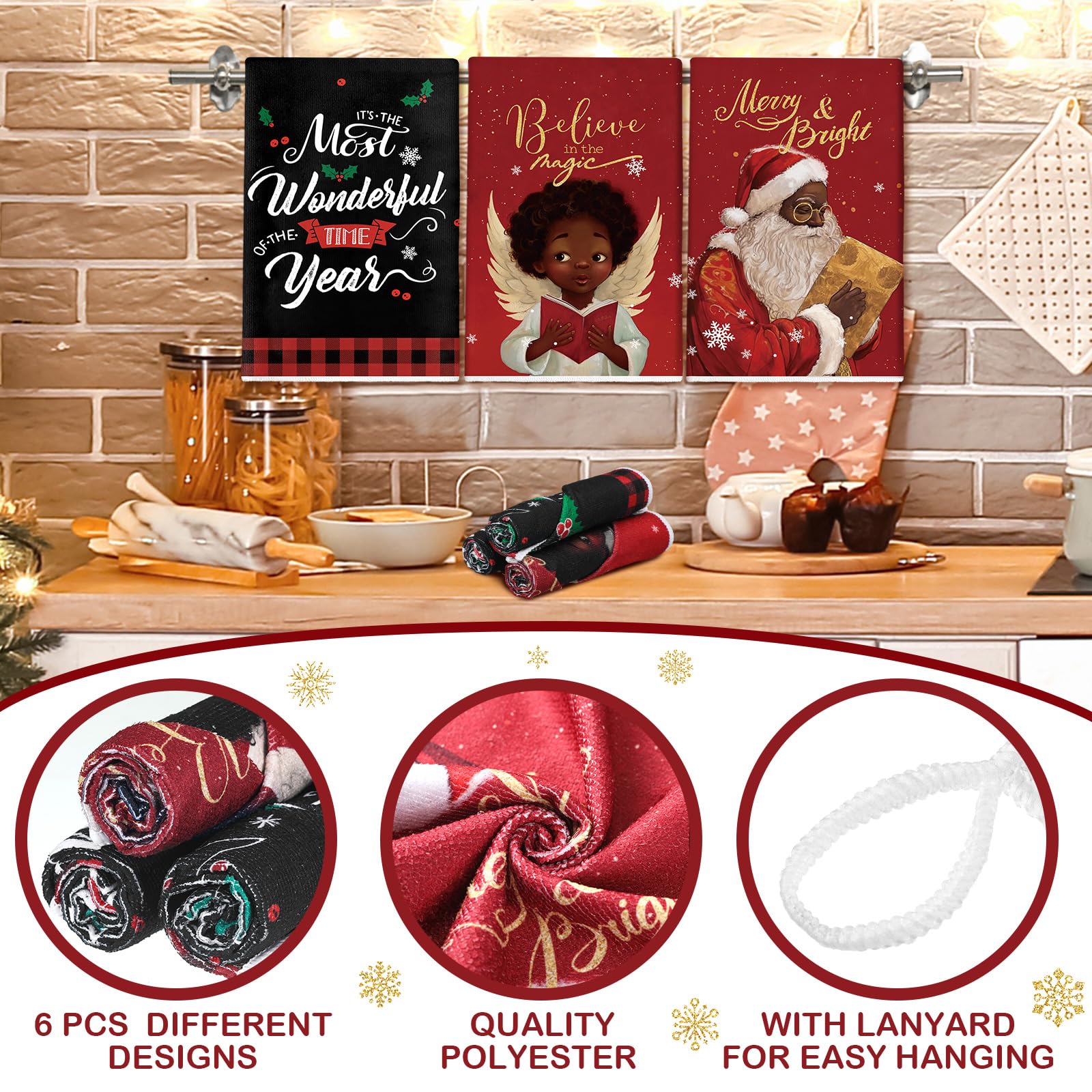 Hosuly 6 Pcs Christmas Kitchen Towels African American Black Santa Dish Clothes Xmas Black and Red Hand Towels Santa Angel Holly