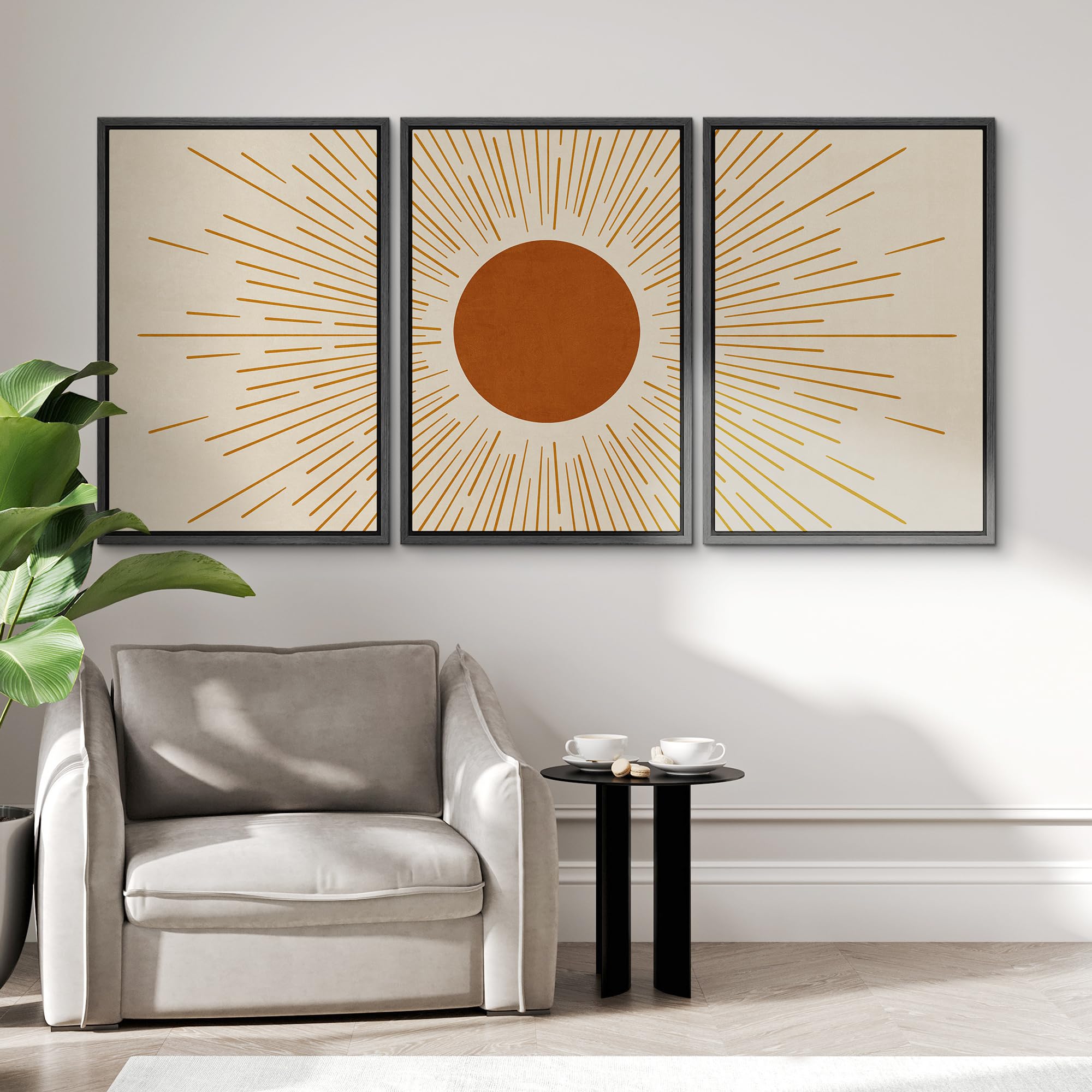 Idea4Wall Framed Wall Art Print Set Geometric Line Art Burnt Orange Shining Sun Astronomy & Space Sky Illustrations Modern Art M
