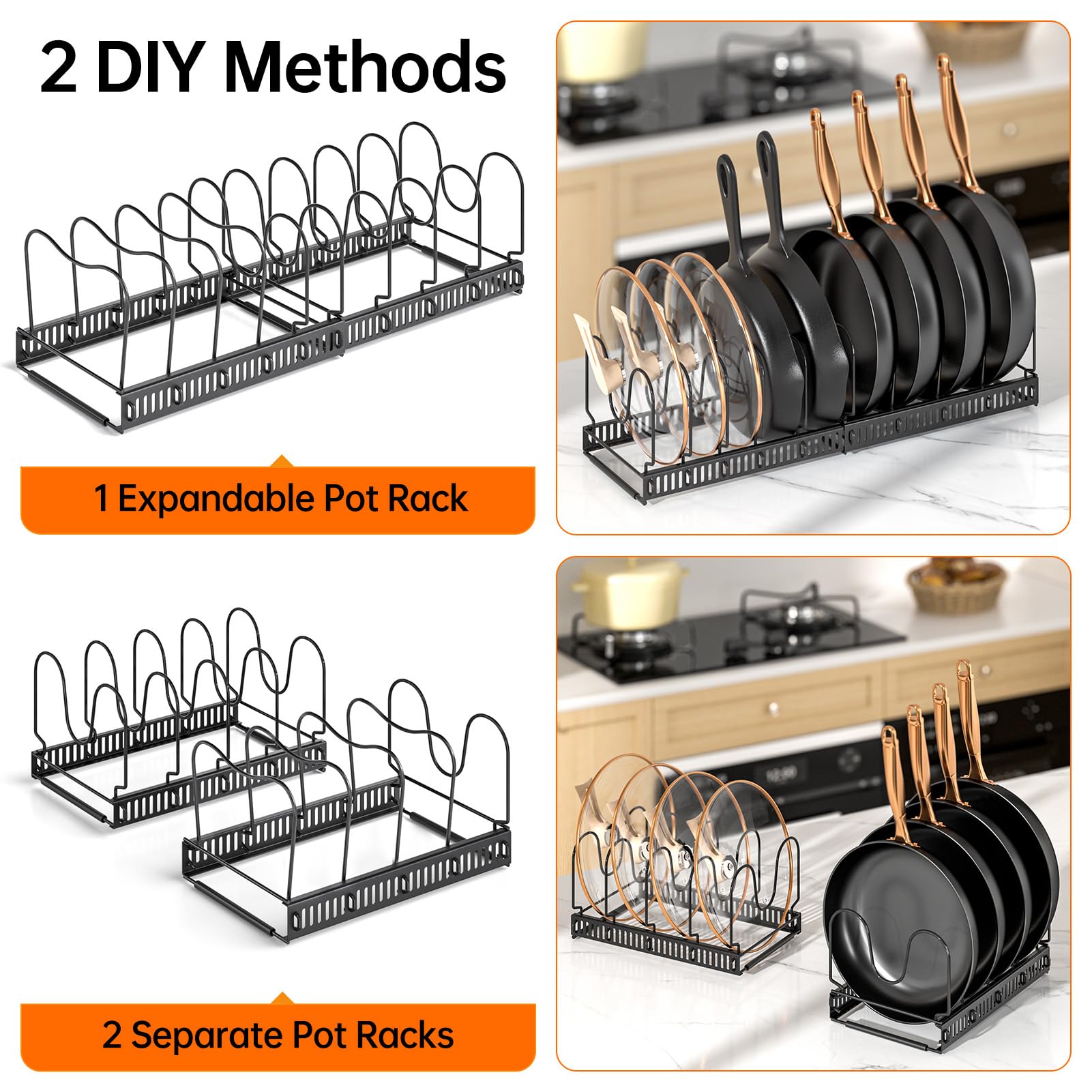 Mudeela Pots And Pans Organizer : Rack For Under Cabinet, Expandable Pot Lid Kitchen Cabinet Organizer Holder With 10 Adjustable