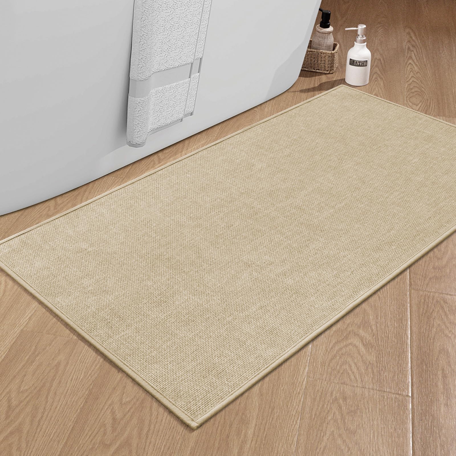 Chakme Bathroom Rugs Mat 47X25, Ultra Thin Non Slip Bath Mat Large Quick Dry Absorbent Bath Mat For Bathroom Floor, (Light Beige