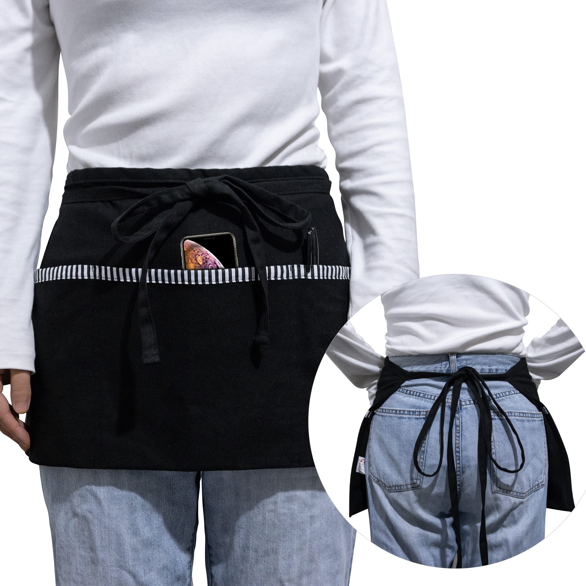 Zihuatailor Waitress Apron With 3 Pockets, 100% Cotton Server Apron, Black Waist Apron, Waiter Apron - 12 Inch