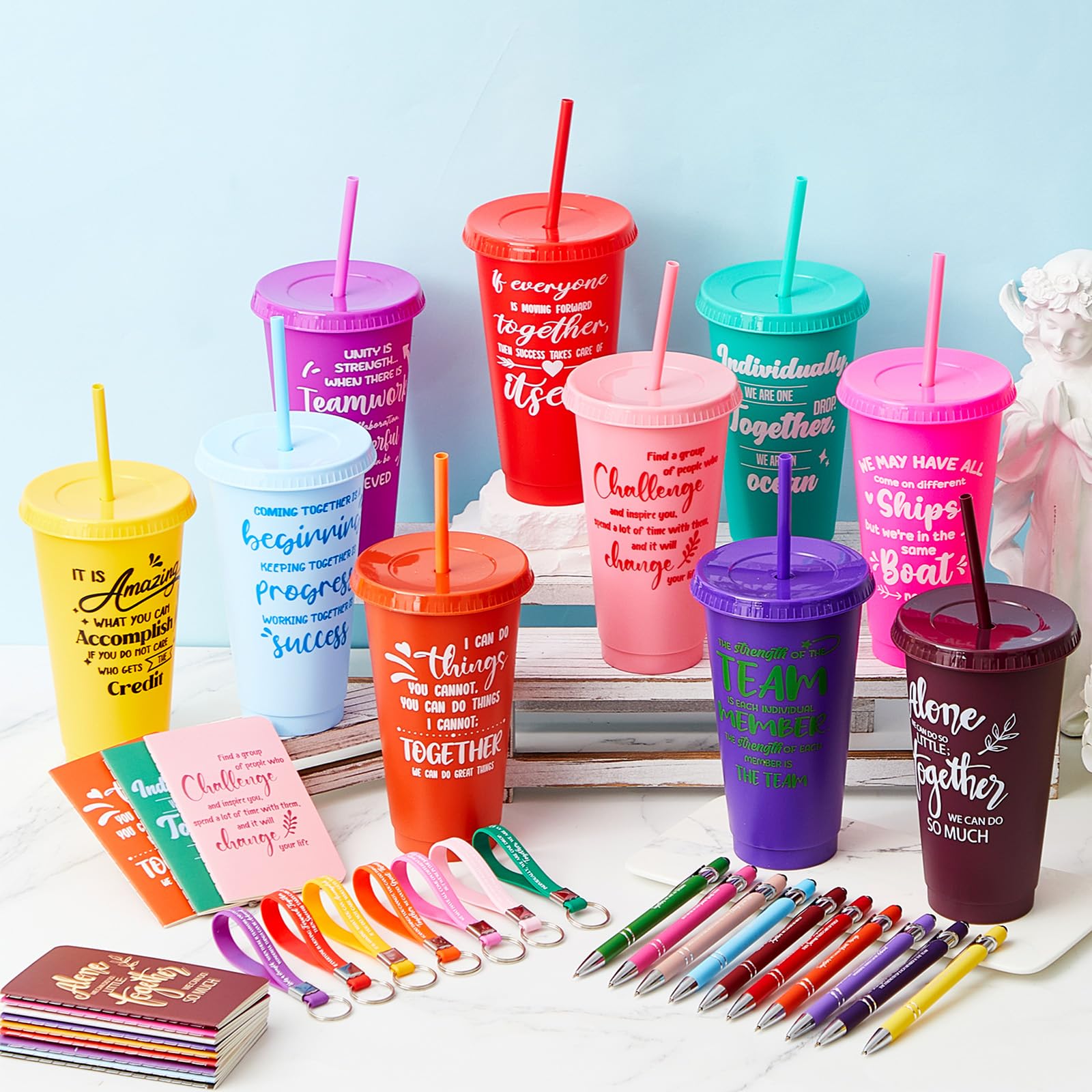 Hollowfly 12 Sets / 48 Pcs Team Appreciation Gifts for Employee 24 oz Inspirational Plastic Cups Bulk with Lid and Straw Noteboo