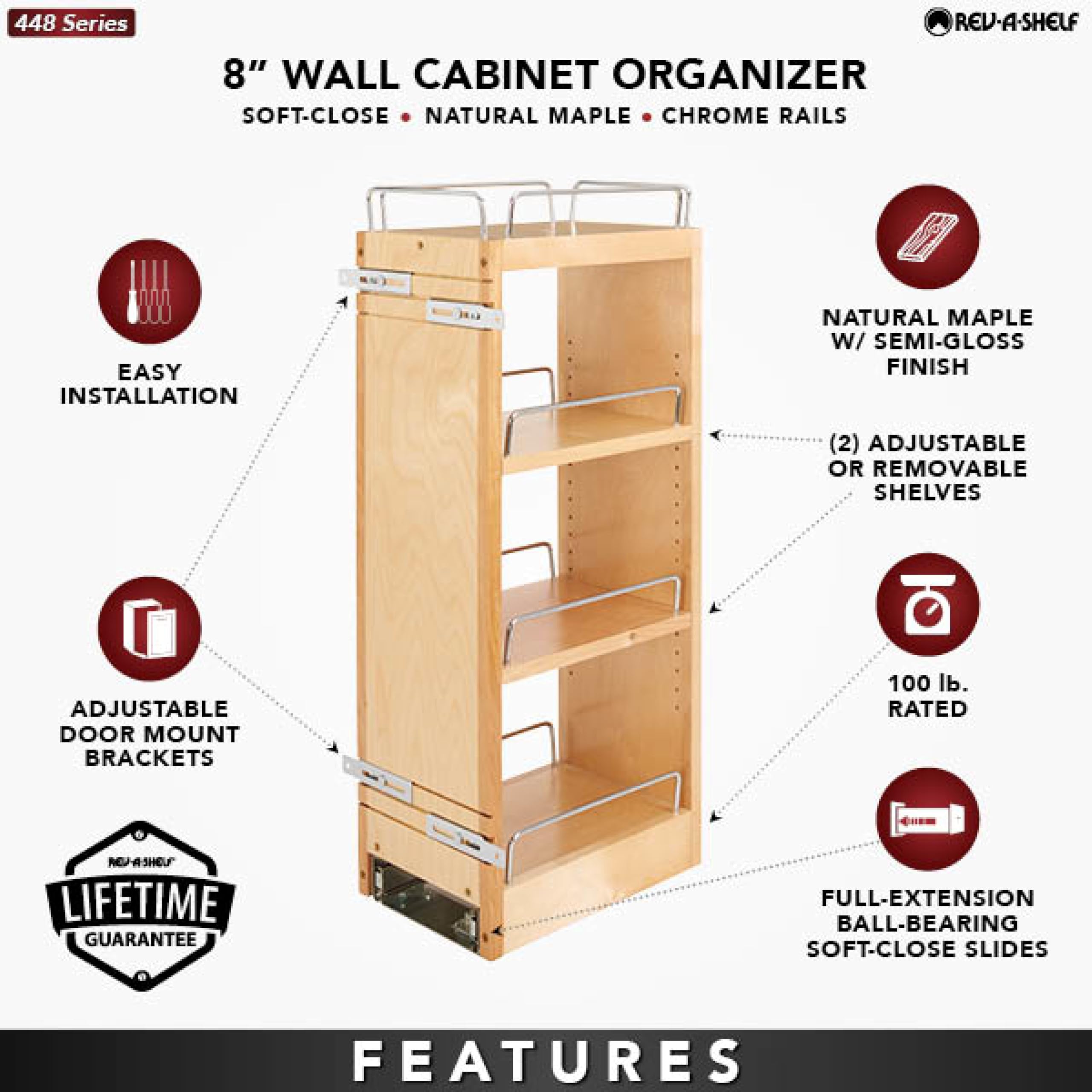 Rev-A-Shelf 8'' Pull Out Shelf Organizer For Kitchen And Bathroom Cabinets, Wooden Slide Out Spice Or Medicine Rack W/Soft-Close