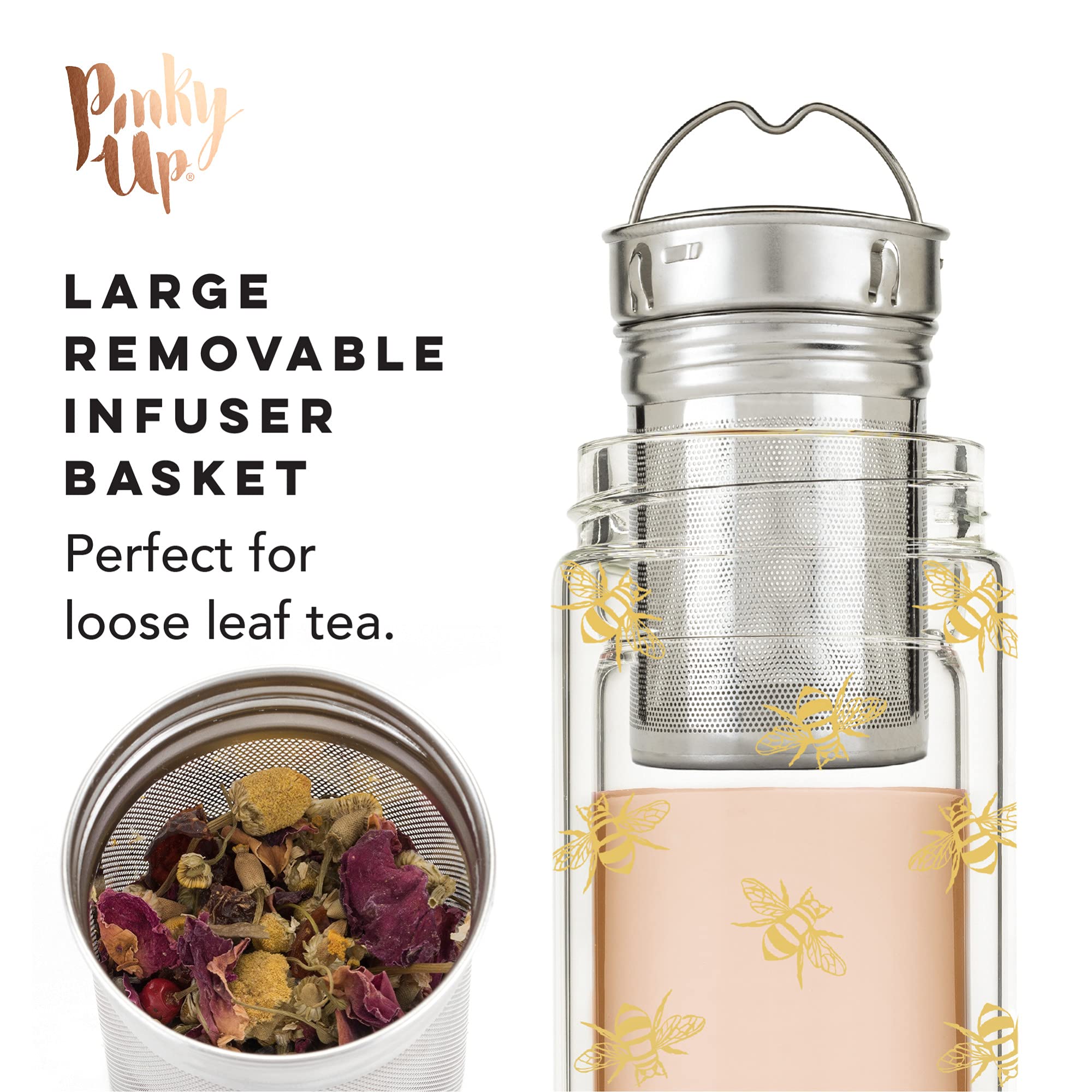 Pinky Up Blair Travel Tea Infuser Mug, Double Walled Insulated Tumbler With Removable Loose Leaf Tea Strainer, Keeps Drinks Hot