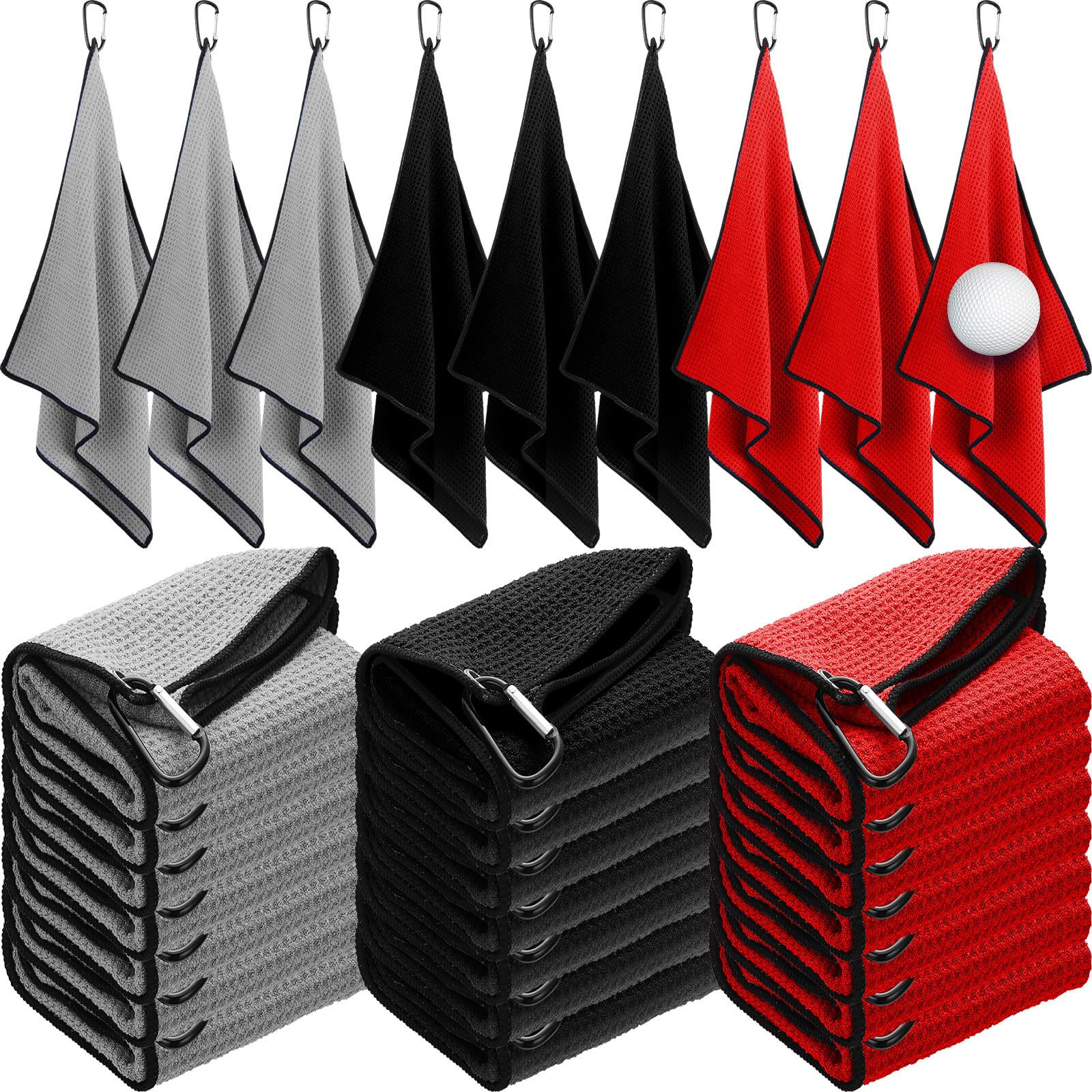 Batiyeer Bulk Golf Towel for Golf Bags 16 x 24 Microfiber Fabric Golf Towel with Clip Waffle Pattern Golf Towel for Golf Bags  Fitness  Camping  Hiking  Yoga(Black  Gray  Red  30 Pcs)