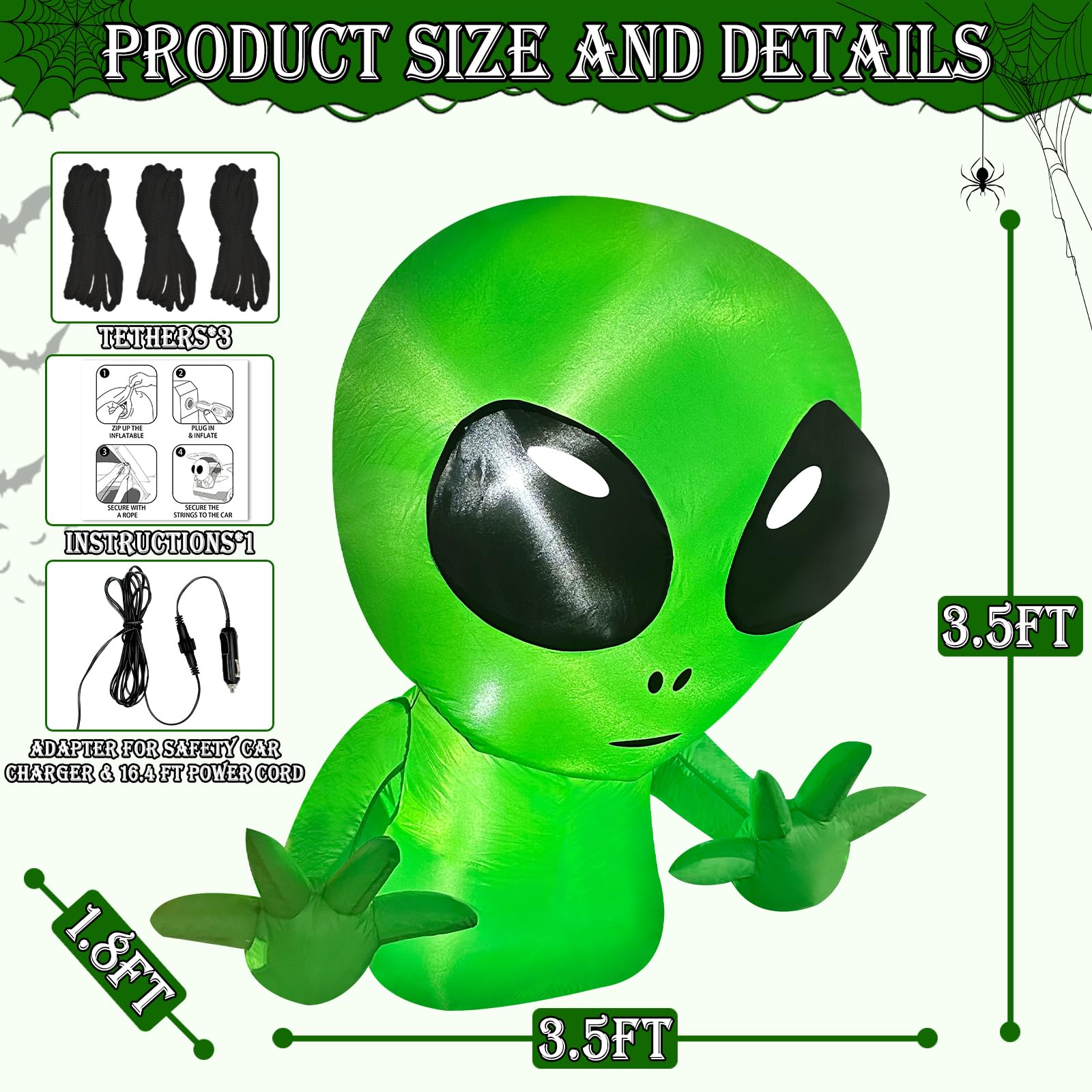 3.5 Ft Halloween Inflatable Alien Trunk Or Treat Car Decoration with Built-in LEDs, Halloween Blow Up Alien Broke Out from Car D