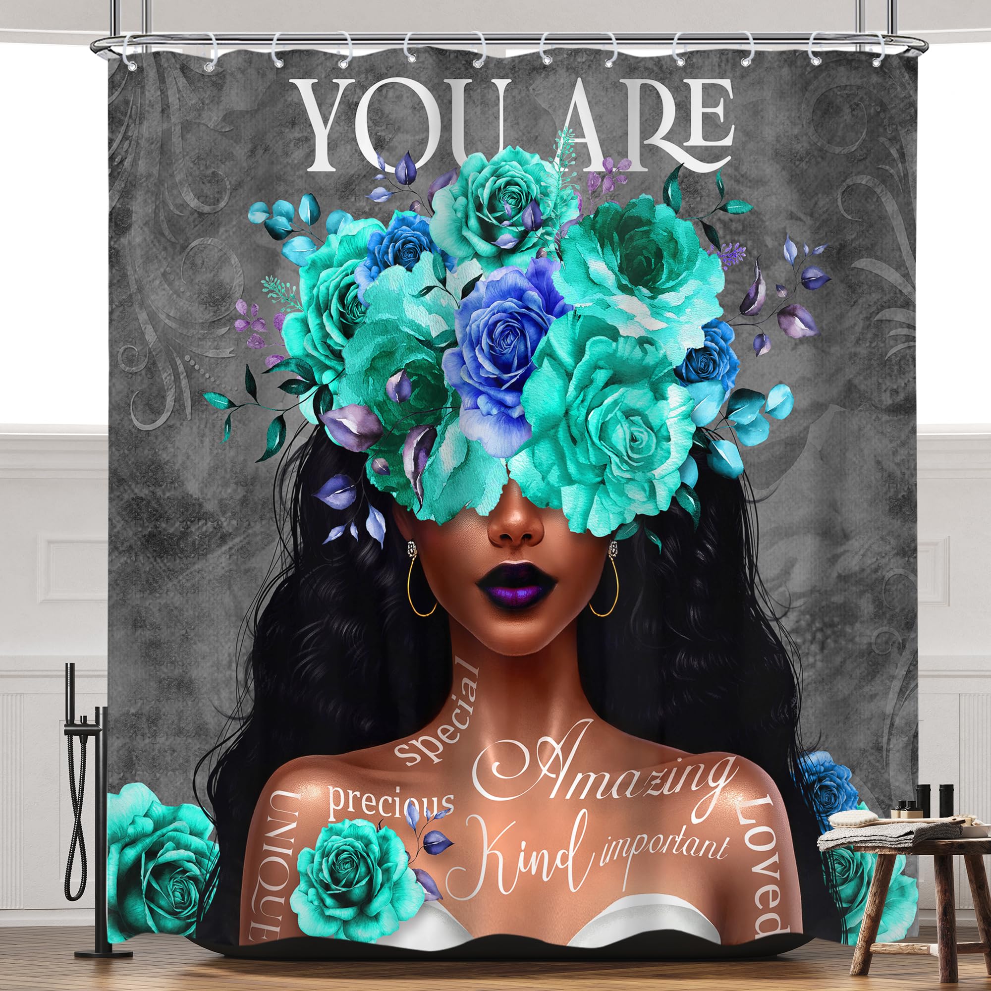 Omifly African American Woman Shower Curtain 72Wx72H Inch Black Girl Teal Flower Rose Inspirational Quotes You Are Aesthetic Mod
