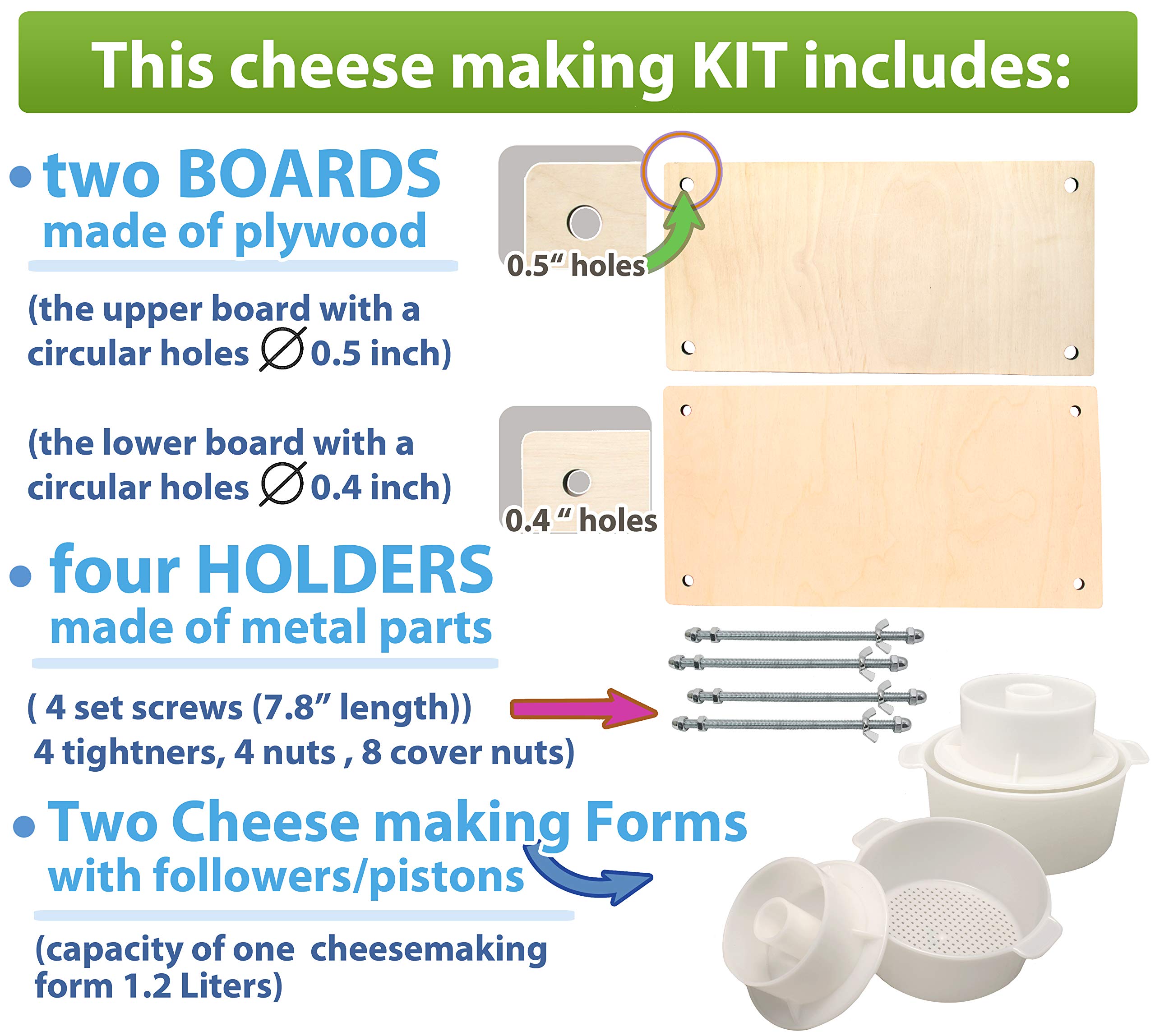 Wooden Cheese Press for Cheese Making Supplies 16in Metal Guides and 2 pcs Cheese Mold with Follower Piston 1.3Qt - large Home Supply Ultimate Cheese Press Machine - Prensa Para Queso Casero