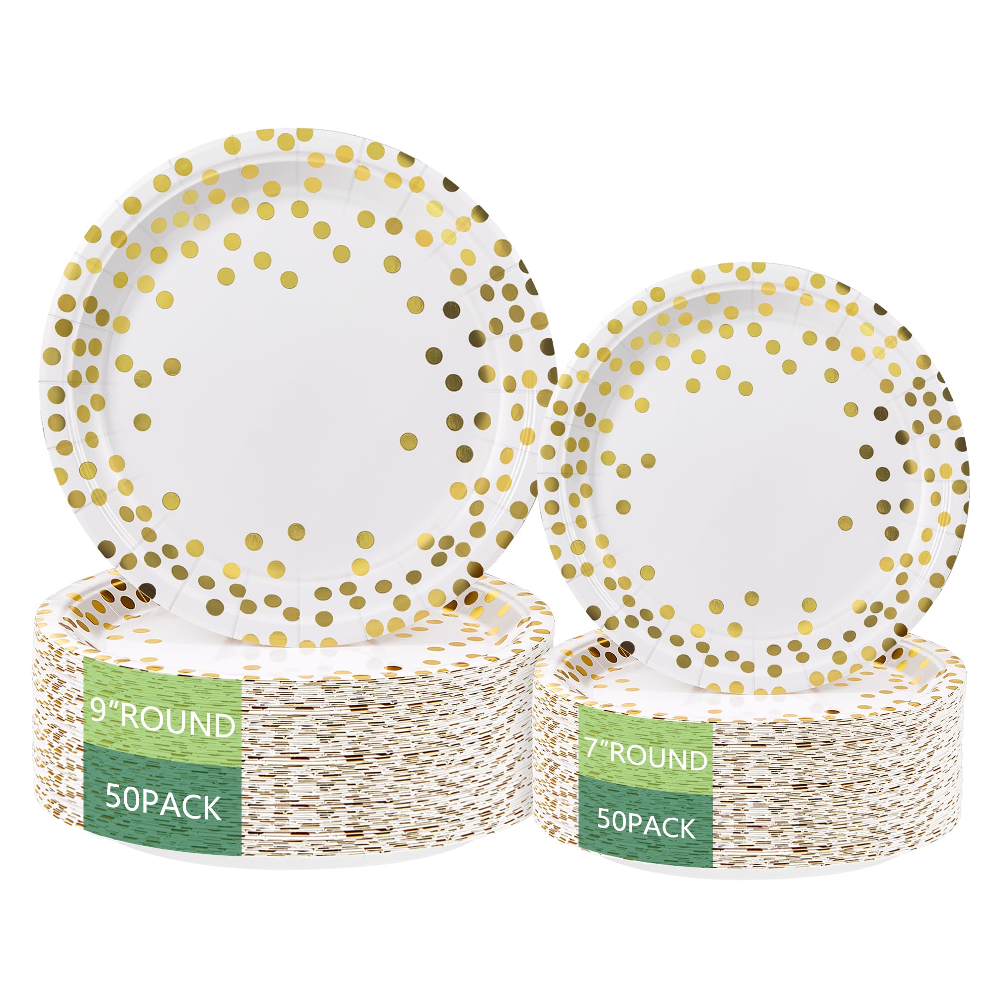 Round Disposable Paper Plates for All Occasions Golden Dots Paper Plates - 100 Pack - 50 x 9 and 50 x 7, Foil Polka Dots Disposa