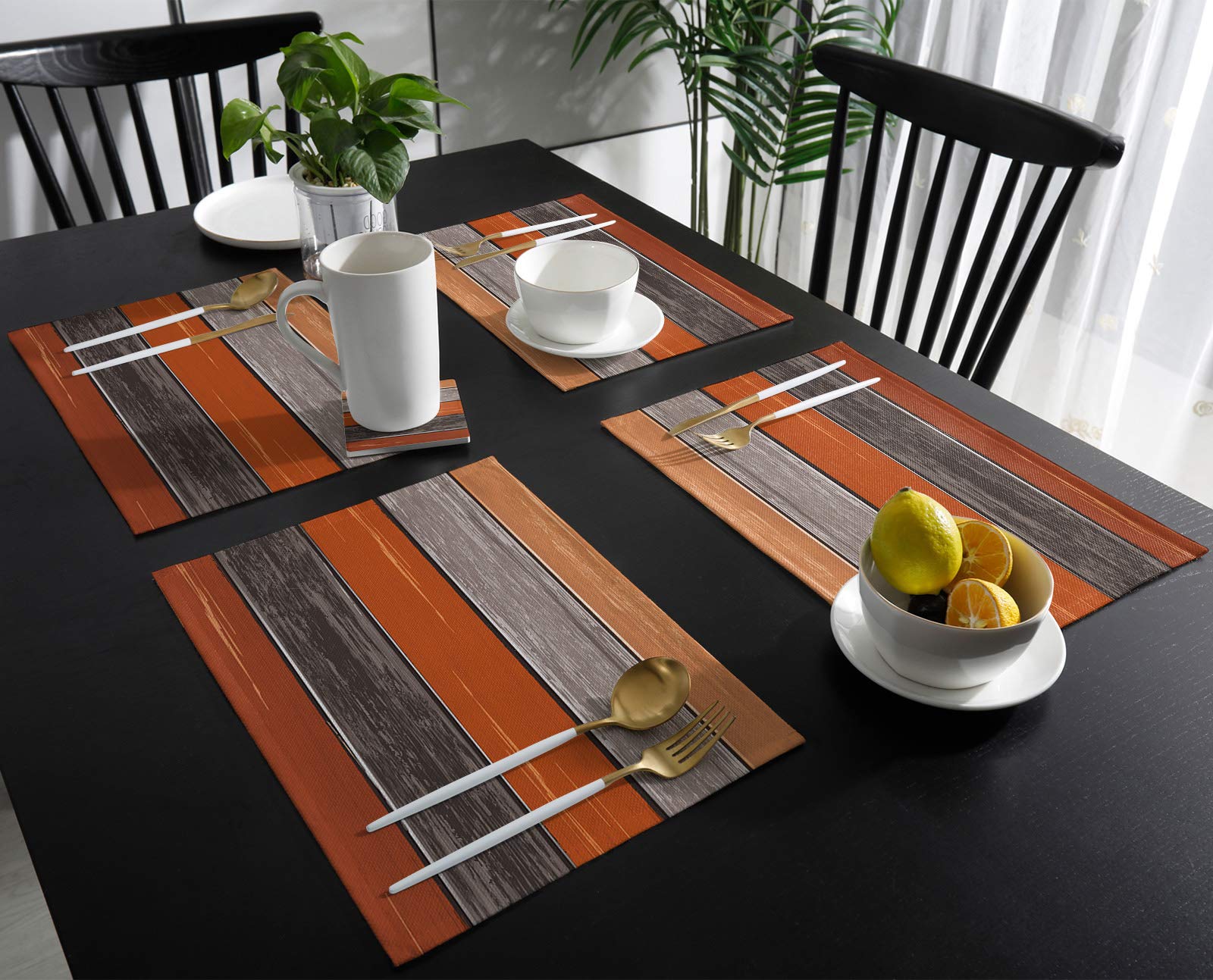 Farmhouse Fall Thanksgiving Placemats Set Of 4, Retro Rustic Barn Wood Texture Polyester Stain Resistant Table Mats Washable Pla