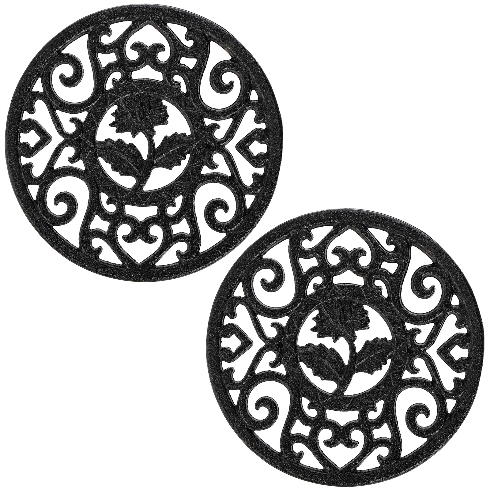 Coloch 2 Pack Cast Iron Trivet With Pegs, 4.6 Inch Round Metal Trivet With Vintage Patterns Rustproof Hot Pot Holder Pads For Se