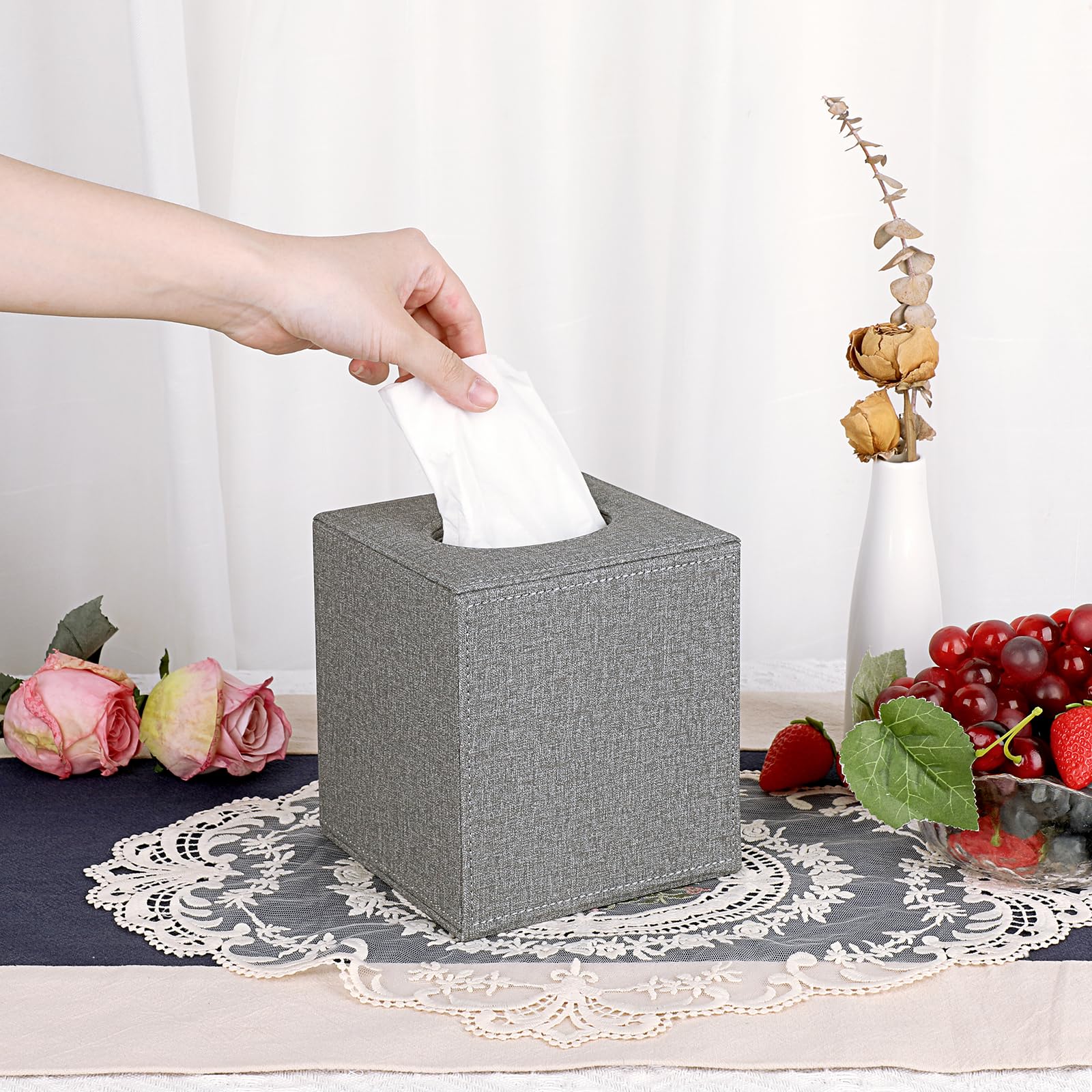 Sumnacon Square Linen Tissue Box Cover - Stylish Cube Tissue Box Holder with Magnetic Bottom  Decorative Tissue Box for Vanity Toilet Dresser Night Stand Table Countertop Home Office Car  Grey