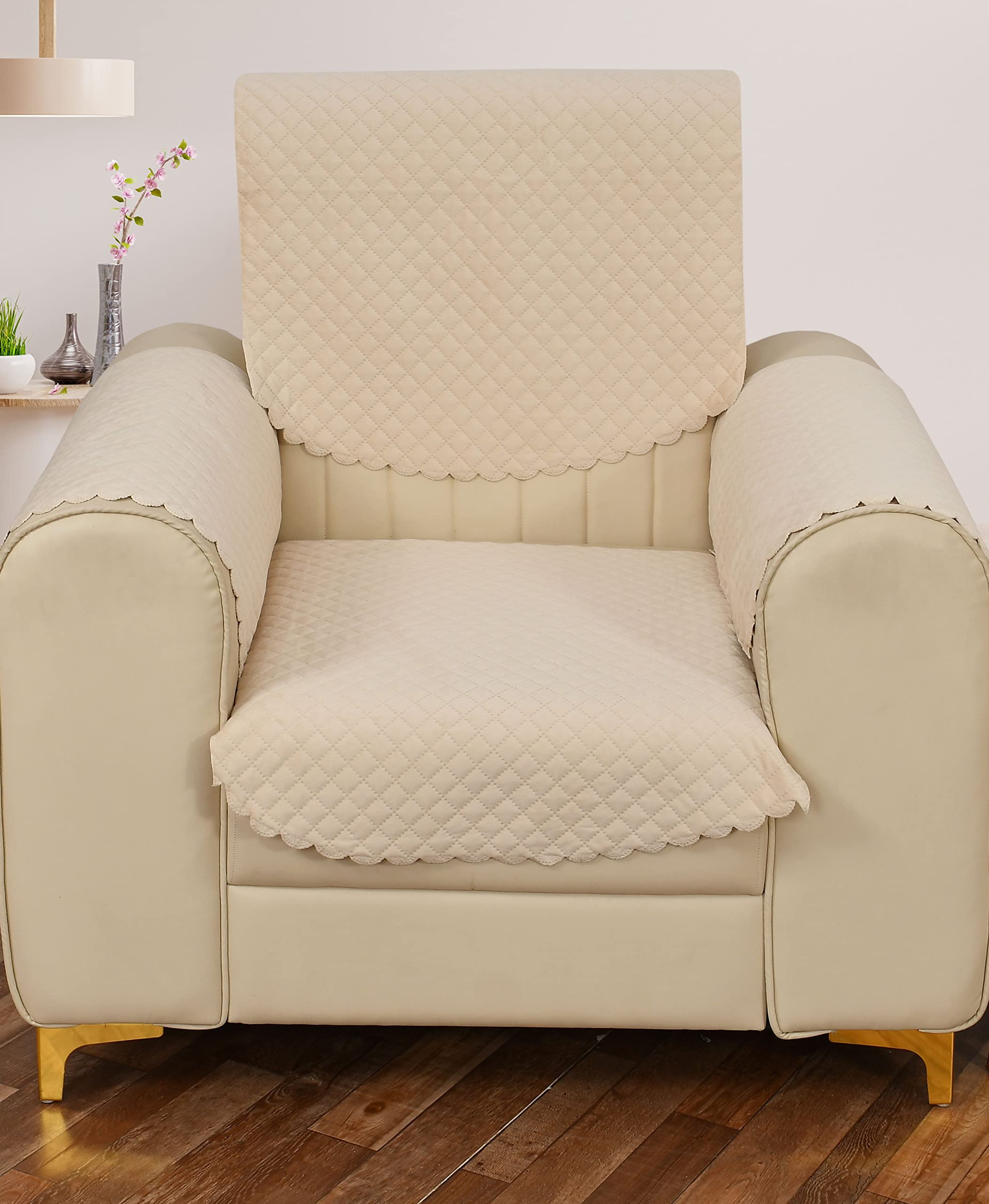 Yellow Weaves Velvet 1 Seater Self Design Quilted Sofa Chair Cover With Arm Cover, Seat & Back Cover, Color - Beige