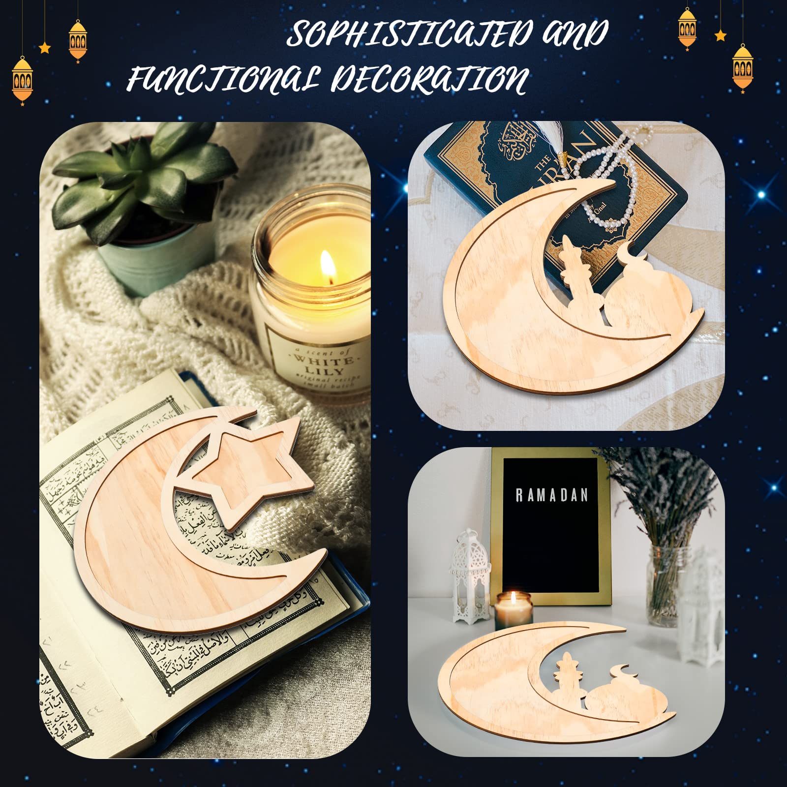 2 Pieces Ramadan Tray Eid Mubarak Tray Wooden Star Moon Shaped Ramadan Tray Islam Wooden Artistic Moon Star Dessert Tray Ramadan