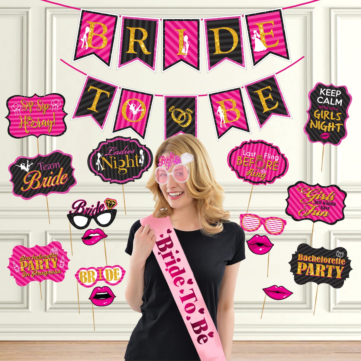 Zyozique Bachelorette Party Decorations Kit, Bridal Shower Party Supplies  Paper Banner , Photo Booth Props, Bride To Be Sash &