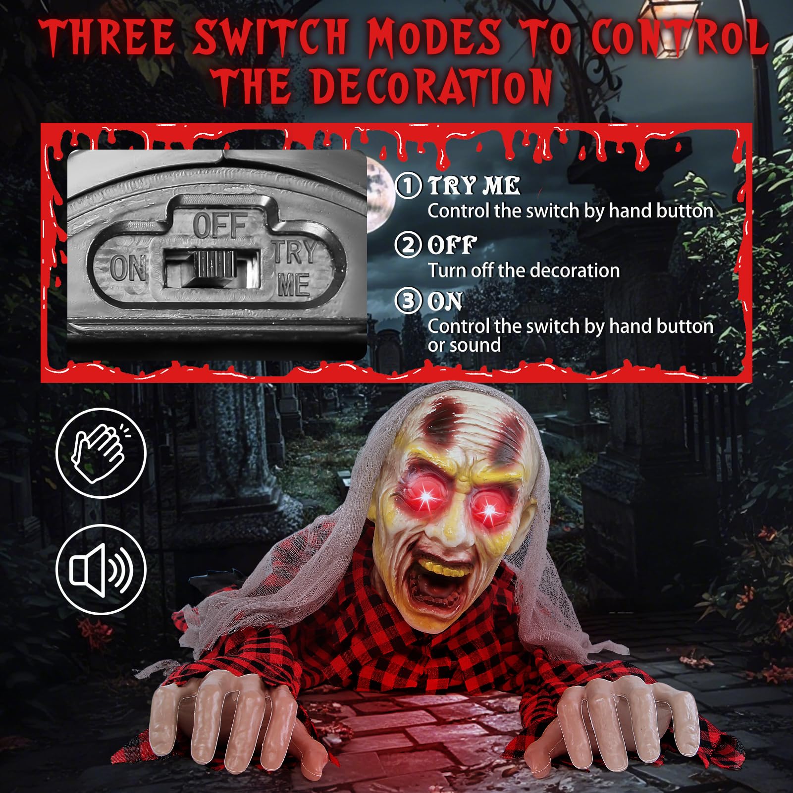 Boveco Zombie Halloween Animatronics Decoration with Light-Up Eyes Creepy Sound & Activated Sensor Outdoor and Indoor Scary Anim