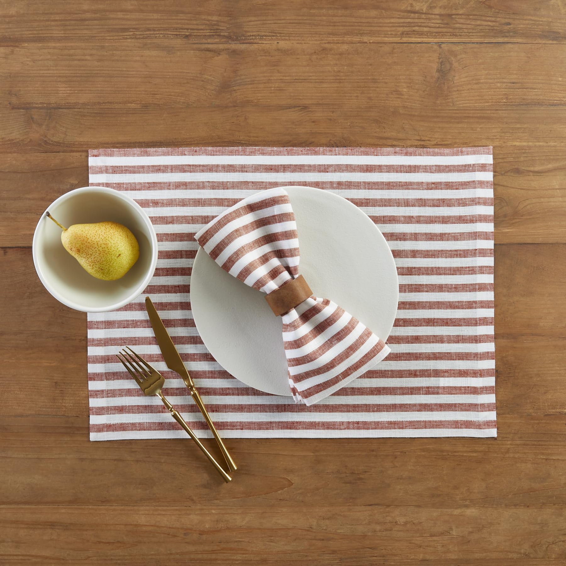 Solino Home Stripe Linen Placemats 19'' L X 14'' W Inch - 100% Pure Linen Cinnamon And White Cloth Placemats Set Of 4 - Amalfi S