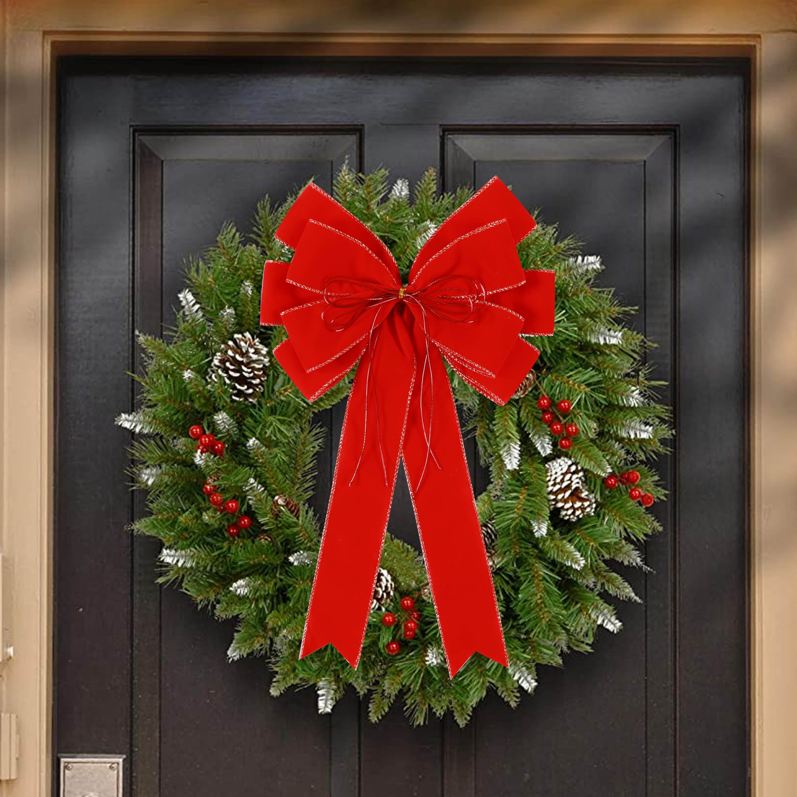 2 Pack Red Christmas Bows Outdoor Decorations,12   x20    Large Velvet Wreath Bow with Glitter String Gold Edge for Xmas Tree To