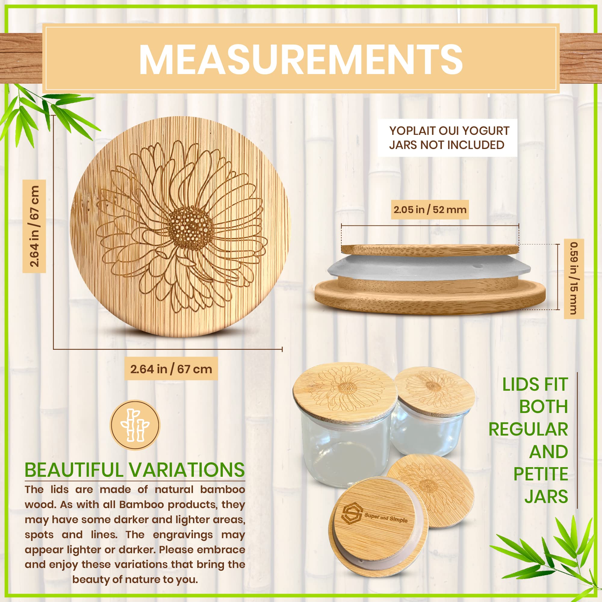 4-24 Lids With Aster Flower Design Or Another Design | Reusable Bamboo Wood Lids For Yoplait Oui Yogurt Jars With Airtight Seali
