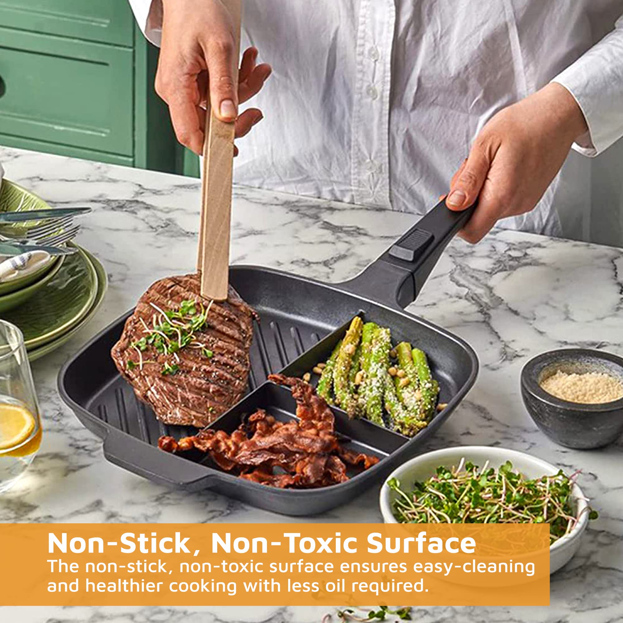 Jean-Patrique Divided Stove Top Grill Pan - 3 Section Breakfast Pan With Divider - Divided Frying Pan With Multi Sections - Grid