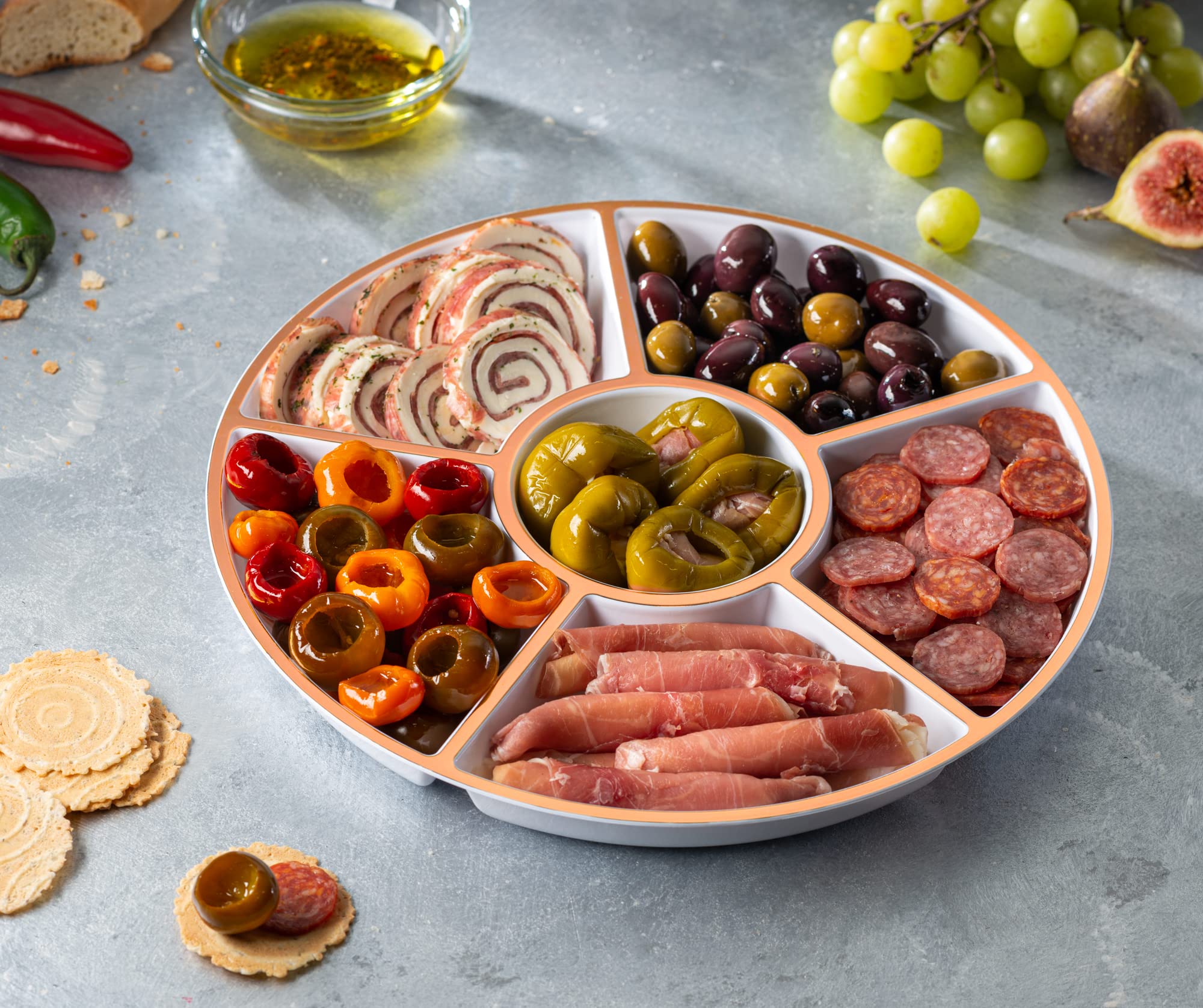 Plasticpro 6 Sectional Round Plastic Serving Trayplatter (2, White & Rose Gold)