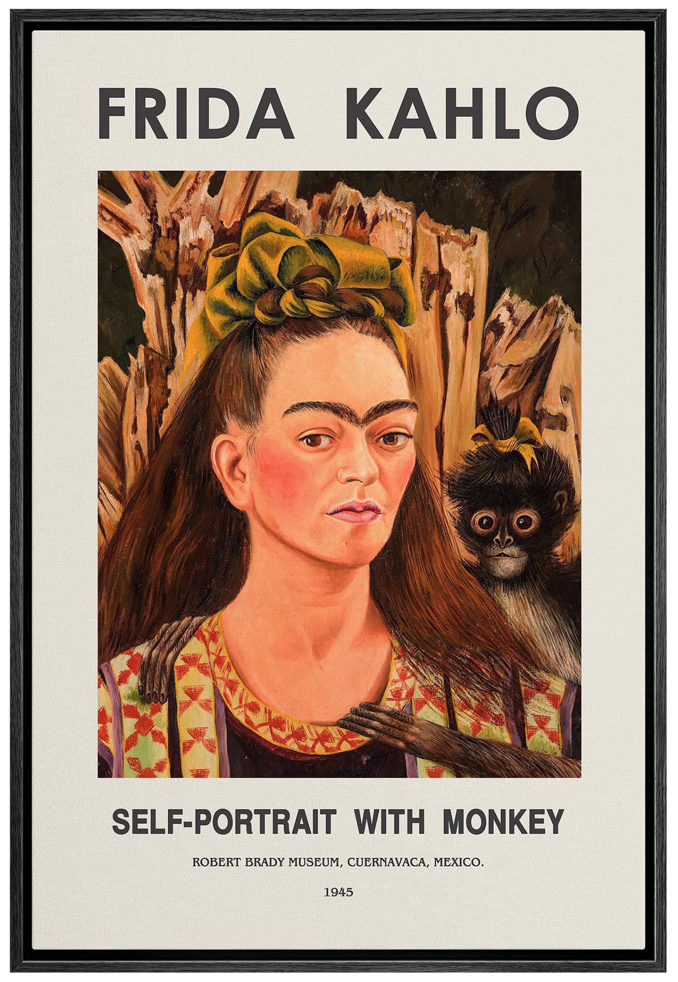 Idea4Wall Framed Canvas Print Wall Art Self-Portrait With Monkey By Frida Kahlo Historic Cultural Illustrations Fine Art Traditi