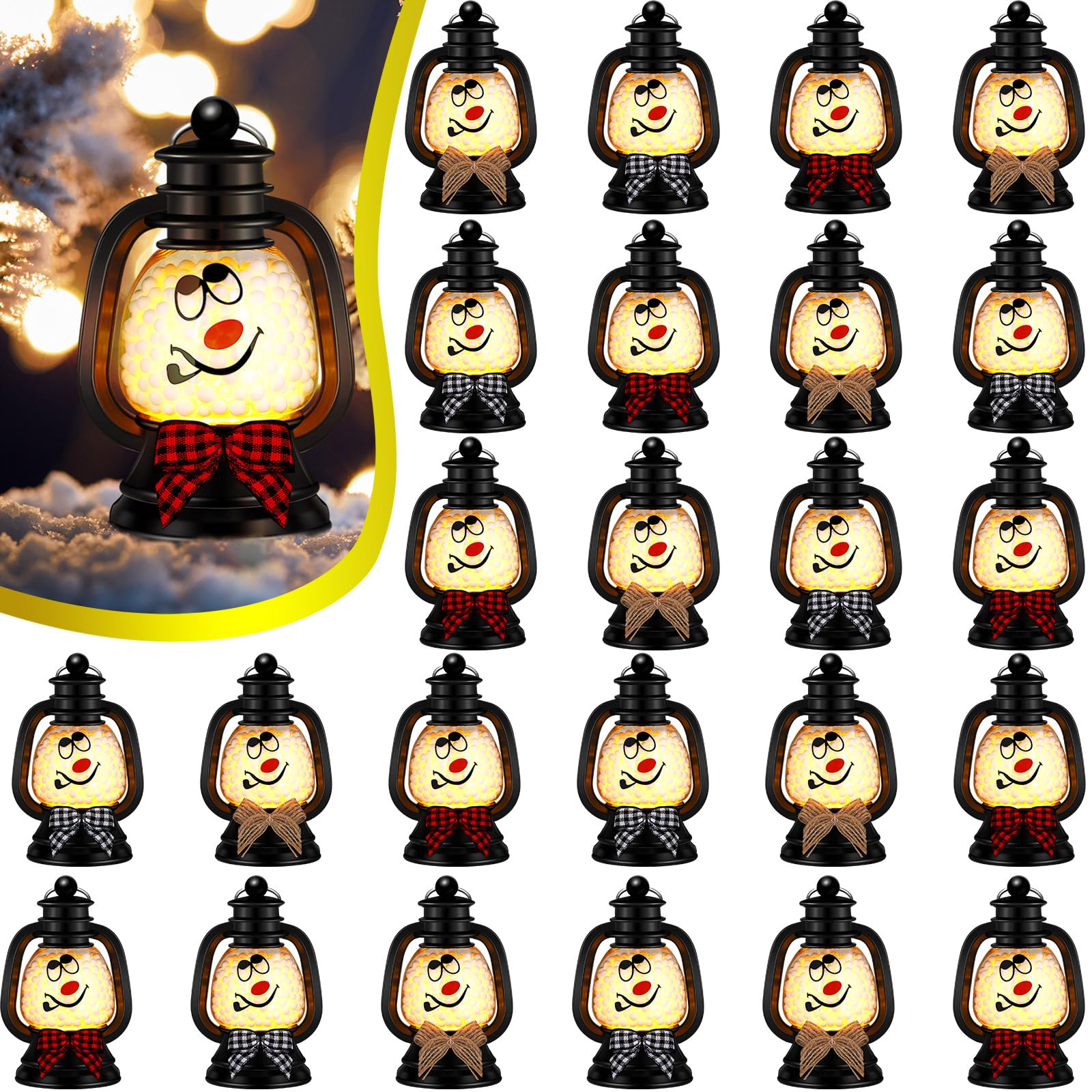 ROCEEI 24 Pcs Christmas Mini Snowman Lanterns Decorative with Flickering LED Candles Buffalo Plaid Bow Small Winter Portable Tab