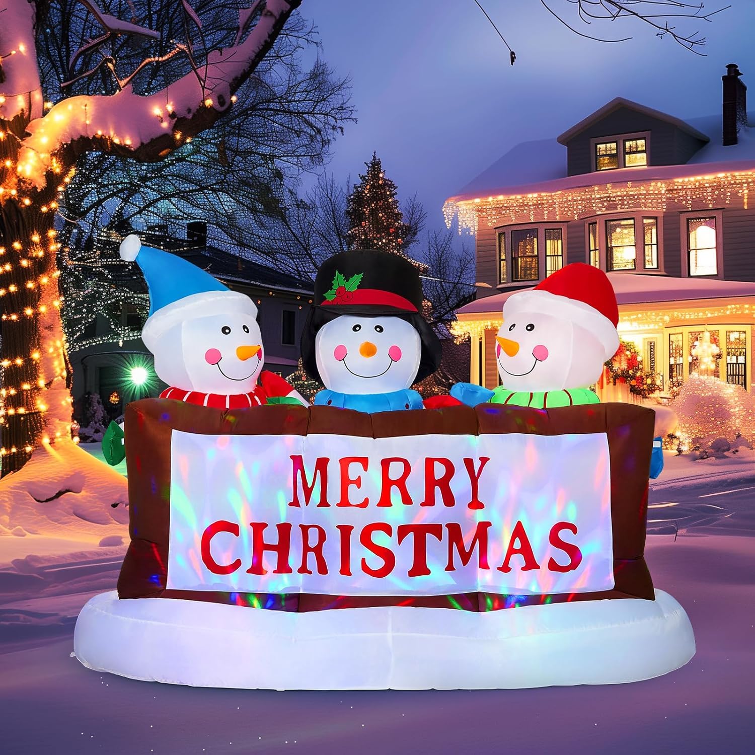 SOLLED 8 FT Christmas Inflatables Snowman with Rotating RGB Lights, 3 Blow Up Snowmen Holding Merry Christmas Sign, Outdoor Yard