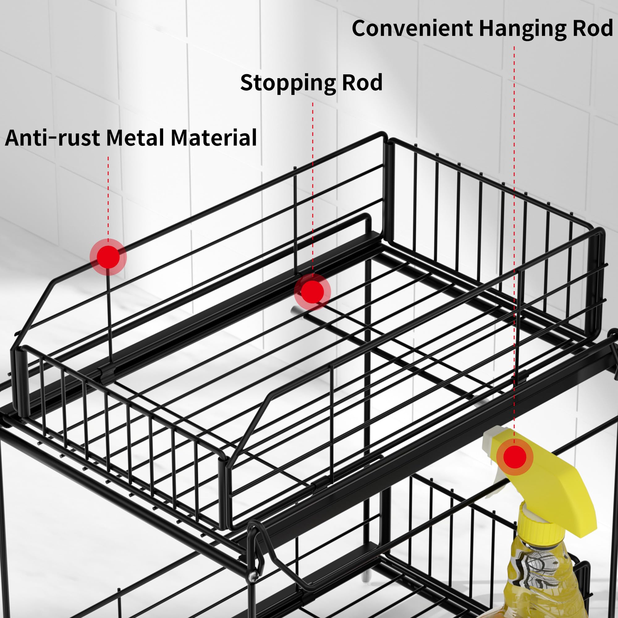 Sueh Design Under Sink Organizer, 2 Tier Bathroom Cabinet Organizer Metal Kitchen Sink Organzier With Hanging Rail For Kitchen B