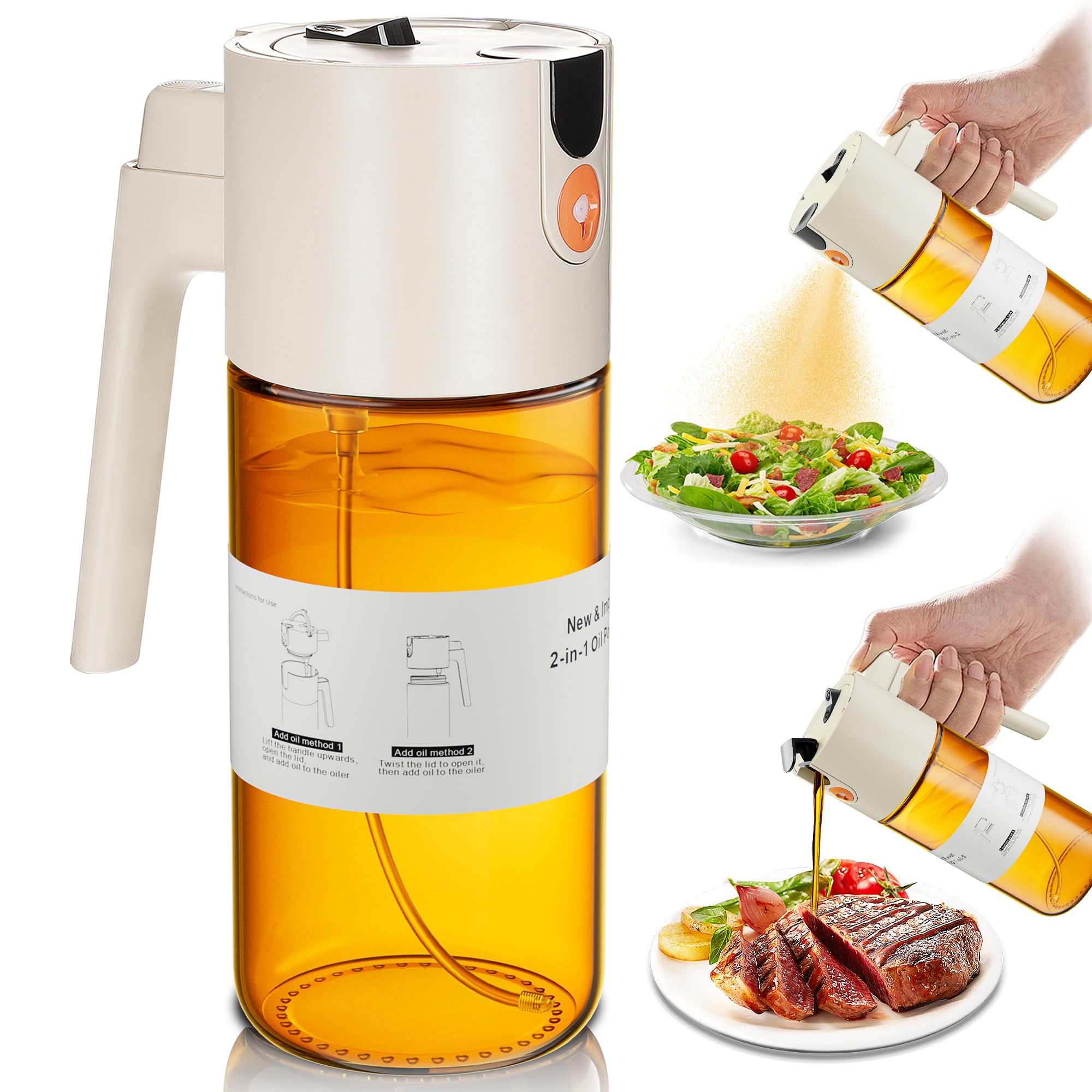 OURCABECUE Upgrade 2 in 1 Oil Sprayer for Cooking, 17oz Light-Blocking Glass Olive Oil Dispenser Bottle for Kitchen,Food-Grade O