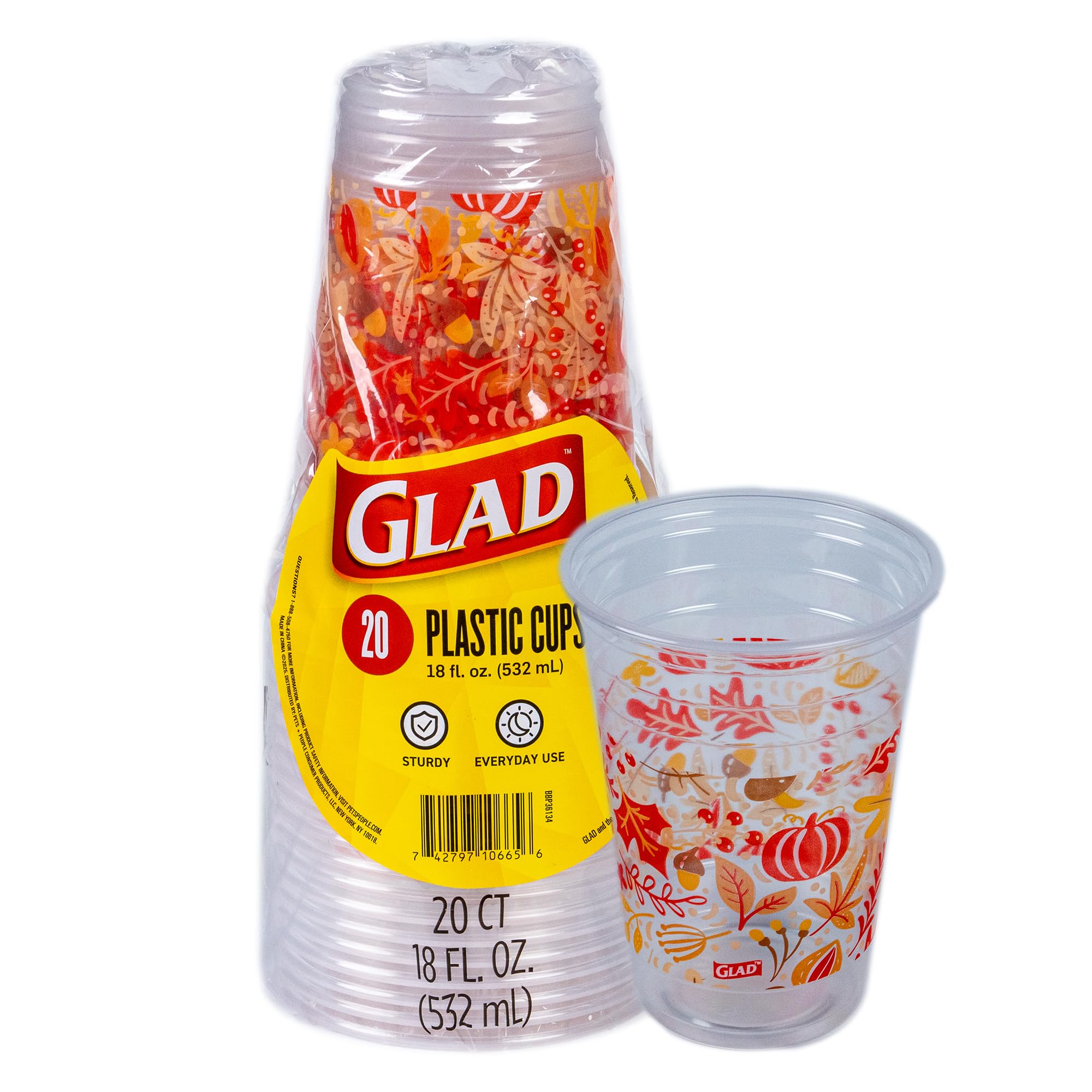 Glad Everyday Clear Plastic Cups, Fall Leaf Print, 18 Oz, 20 Count