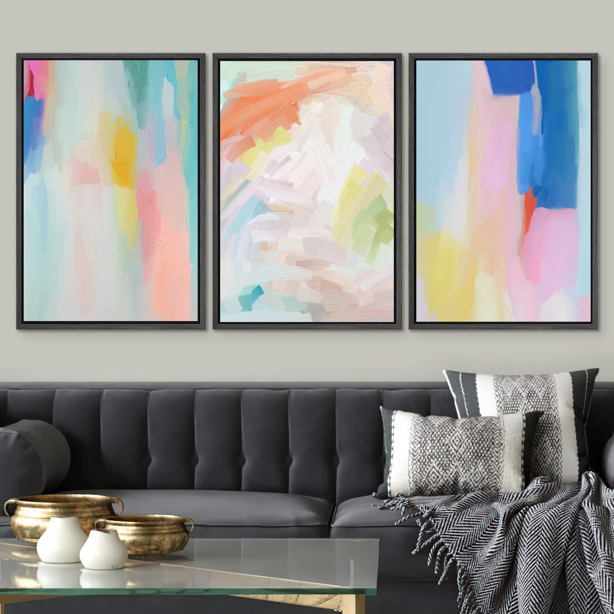 Signwin Framed Canvas Print Wall Art Set Watercolor Pastel Rainbow Paint Stroke Shapes Abstract Illustrations Modern Art Decorat