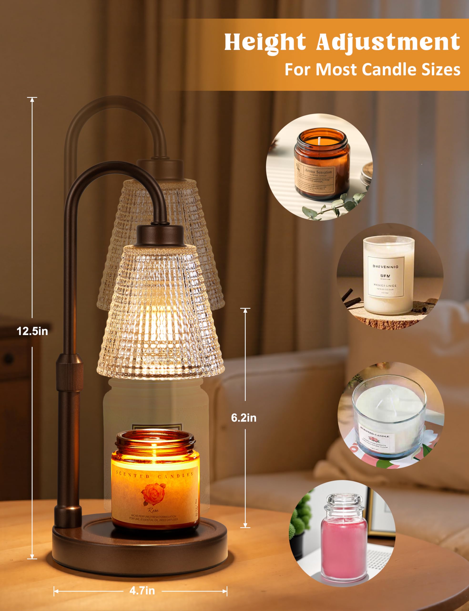 Innqoo Brown Candle Warmer Lamp with Timer, Dimmable Candle Warmer for Jar Candles, Height Adjustable Wax Melts Warmer, Birthday