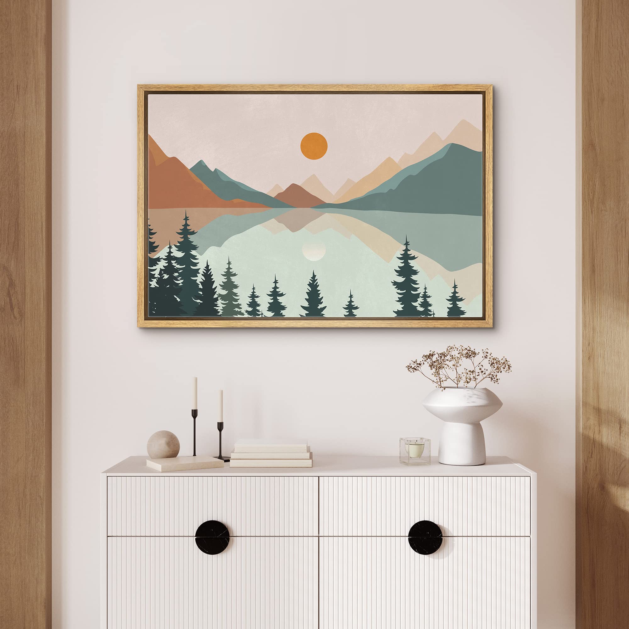 Signford Framed Canvas Print Wall Art Pastel Mountain Tree Forest Lake Nature Wilderness Illustrations Modern Art Decorative Boh