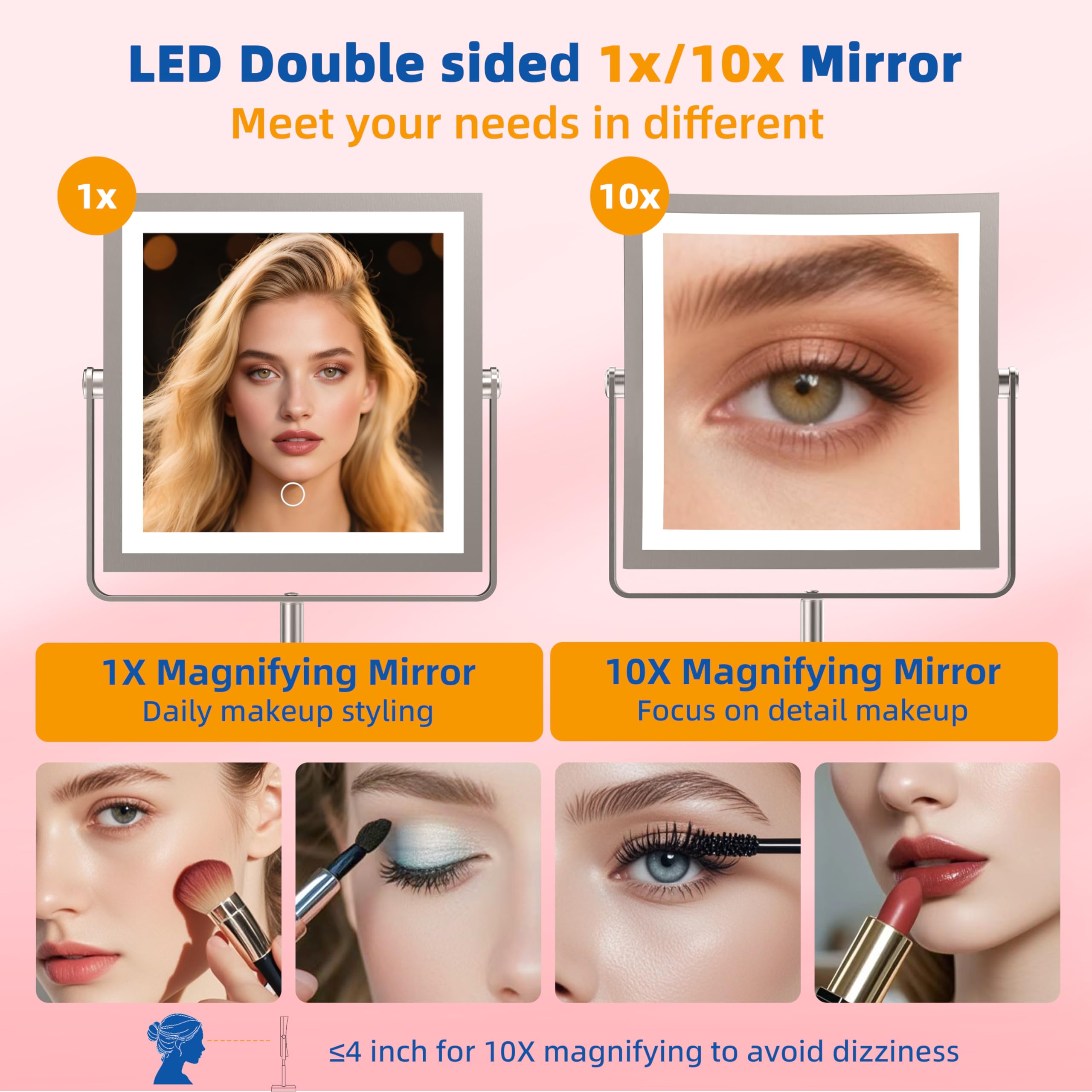Ruacq Rechargeable Makeup Mirror, 4000Mah Lighted Makeup Mirror With Magnification1X/10X, Height Adjustable Vanity Mirror With L
