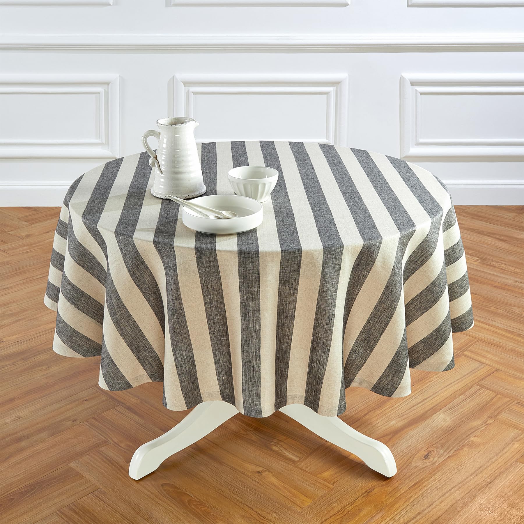 Solino Home Cabana Stripe Linen Round Tablecloth 60 Inch Diameter - 100% Pure Linen Black And Natural Tablecloth - Handcrafted A