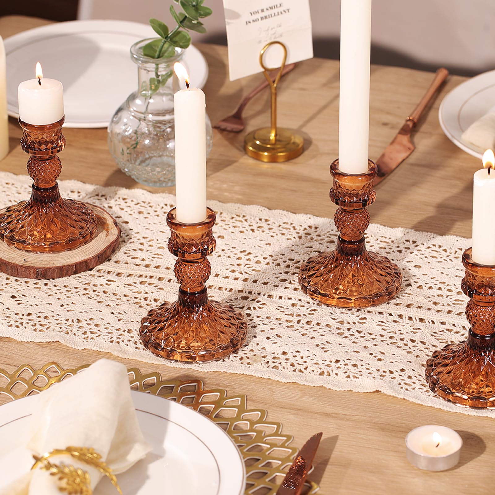 12Pcs Amber Candlestick Holders Set- 4 H Taper Candle Holders Bulk, Glass Candle Holders for Wedding, Party, Fall Dinner Table C