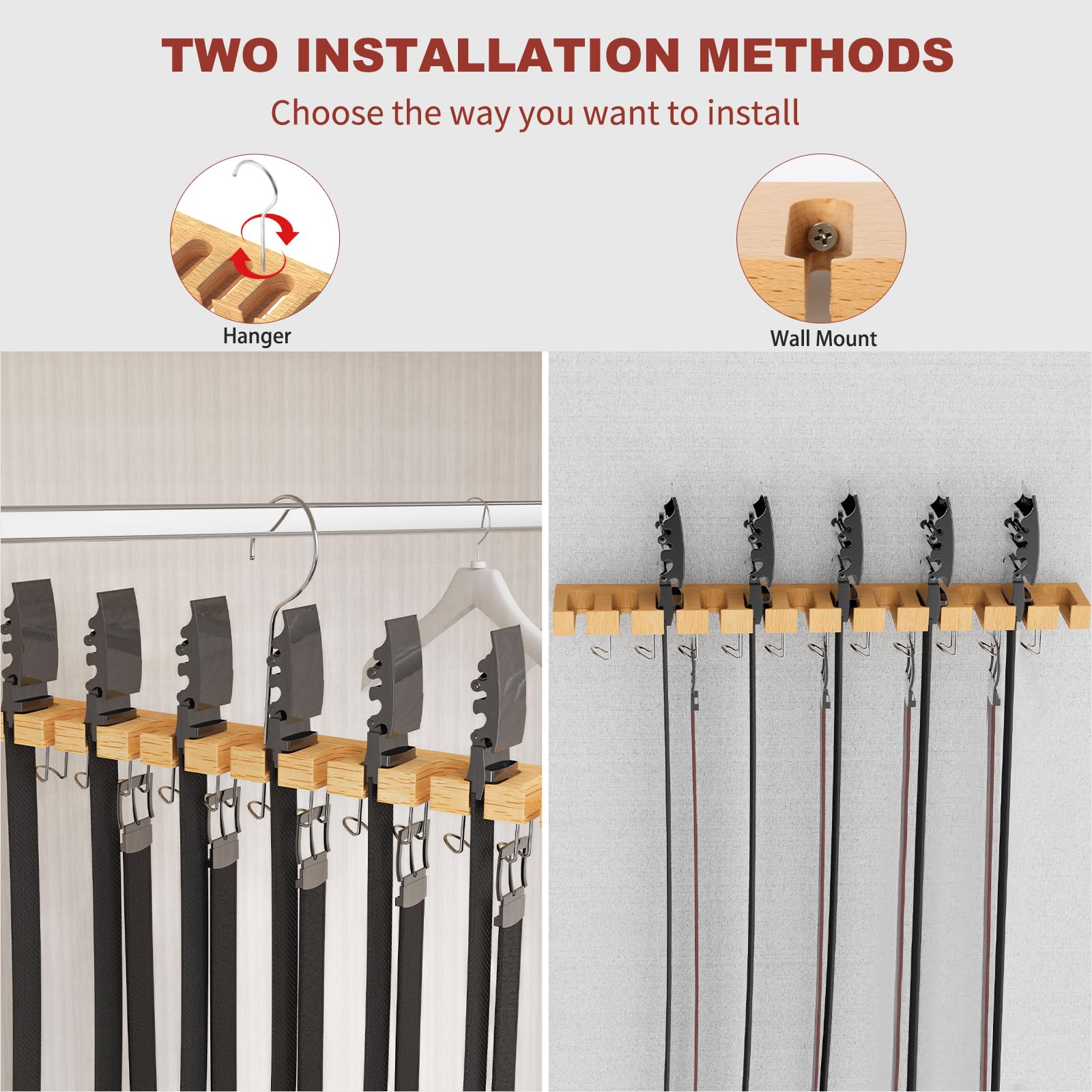 Belt Hanger For Closet Max 42 Belts, 2-In-1 Wall Mount Belt Organizer With 360 Rotating Hooks, Wooden Tie And Belt Rack For Clos