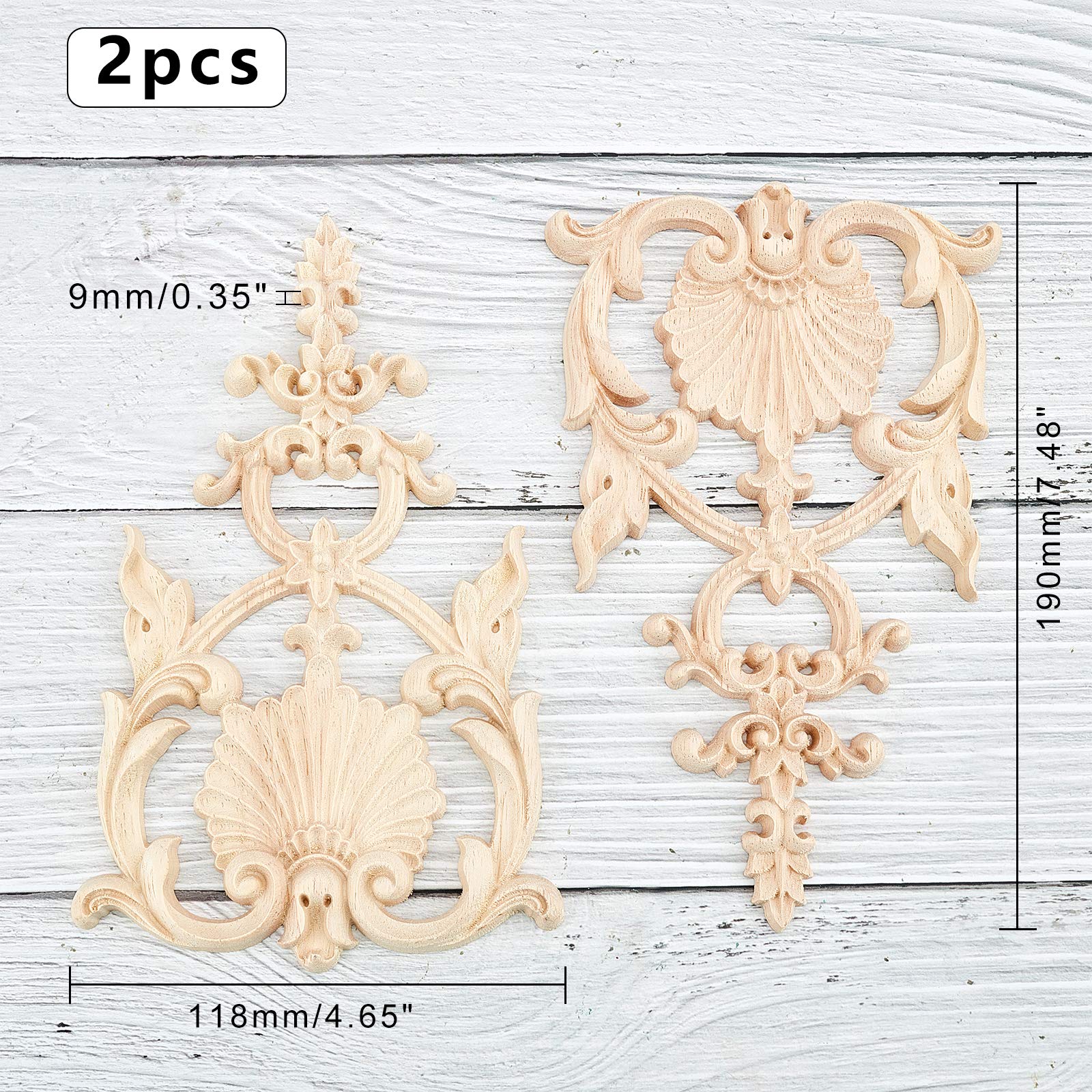 Superfindings 2Pcs Carved Wood Appliques Onlays Wooden Decal Corner Frame 7.5X4.6Inch Unpainted Wooden Onlay Wood Carving Appliq